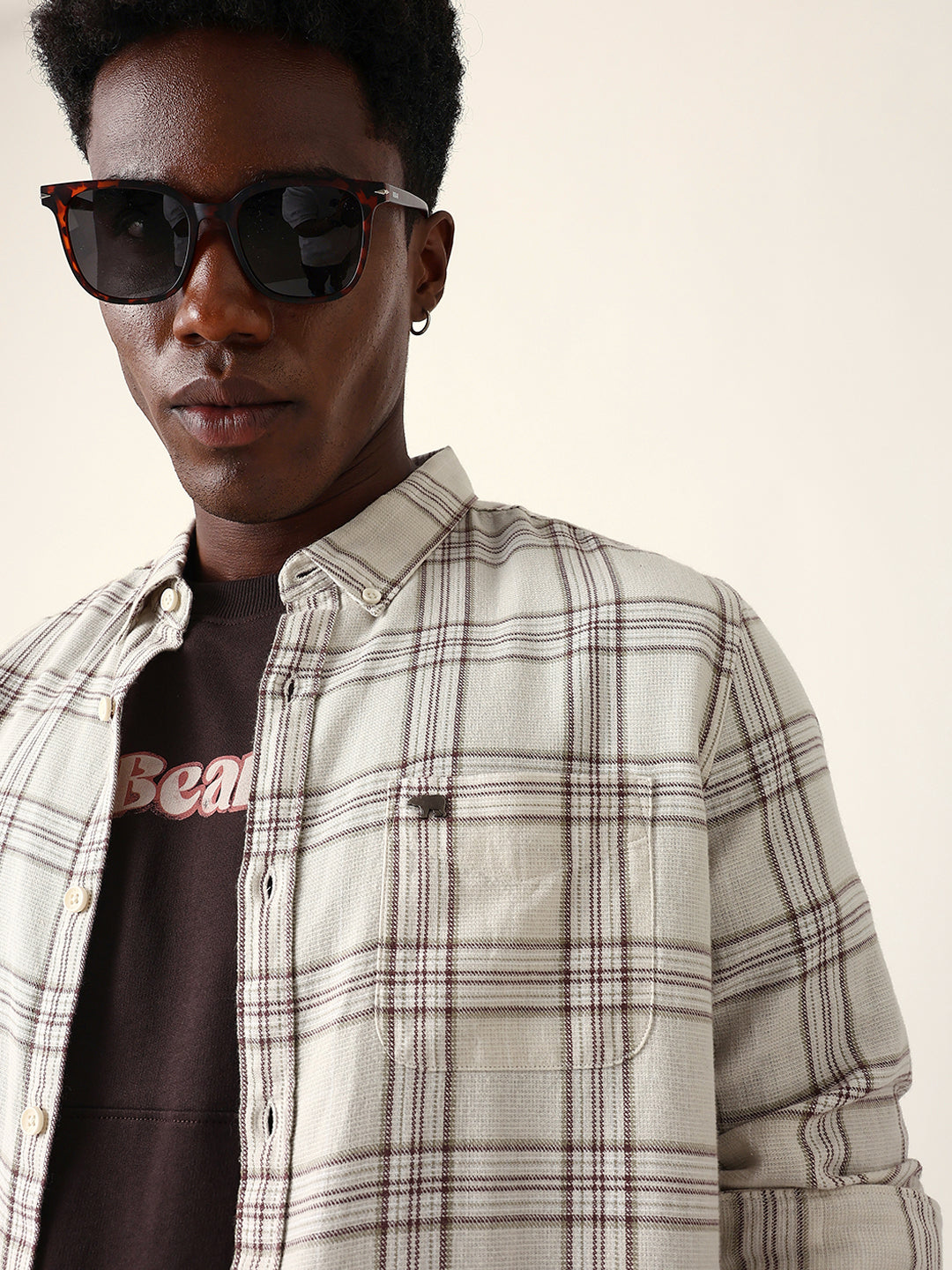 Cream & Brown Woven Checked Slim Fit Casual Shirt