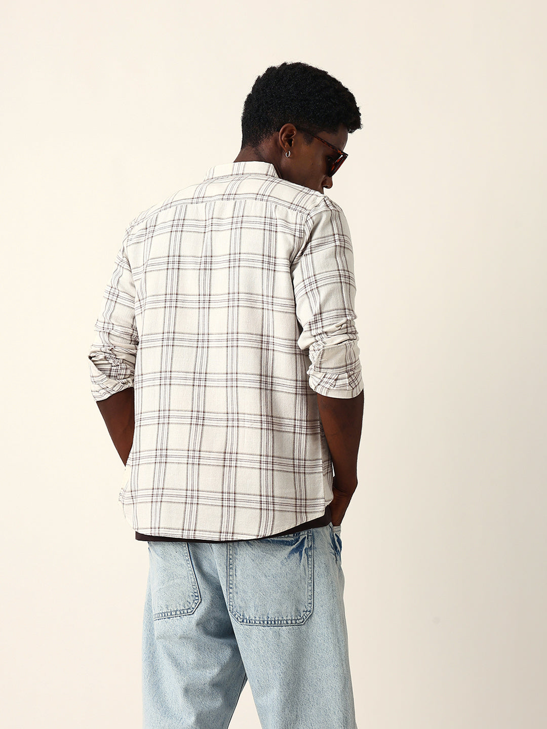 Cream & Brown Woven Checked Slim Fit Casual Shirt