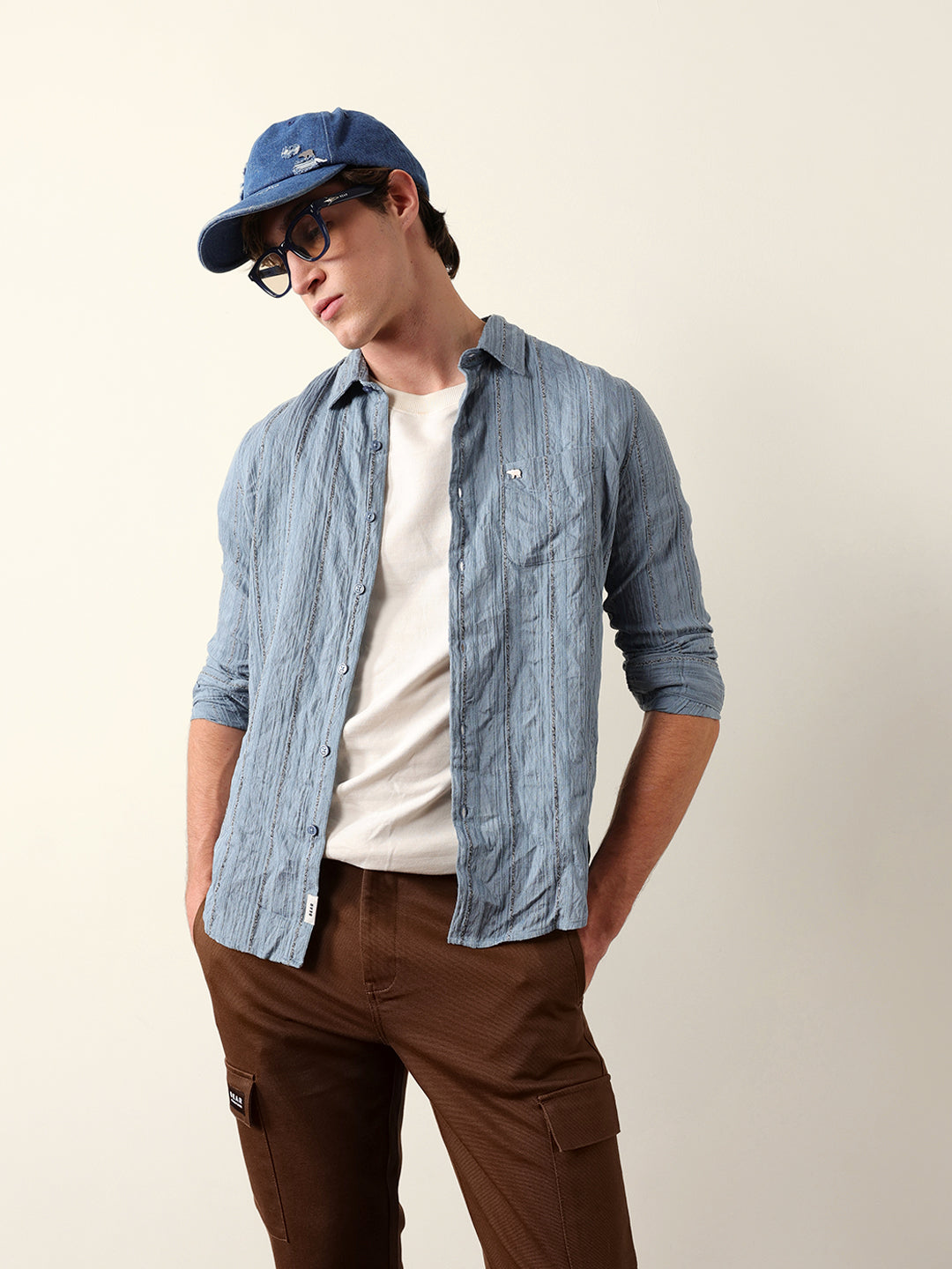 Blue Vertical Seersucker Pinstripe Slim Fit Casual Shirt