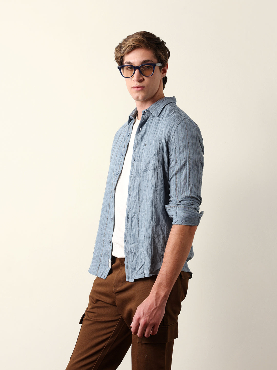 Blue Vertical Seersucker Pinstripe Slim Fit Casual Shirt