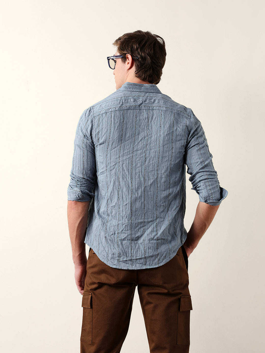 Blue Vertical Seersucker Pinstripe Slim Fit Casual Shirt