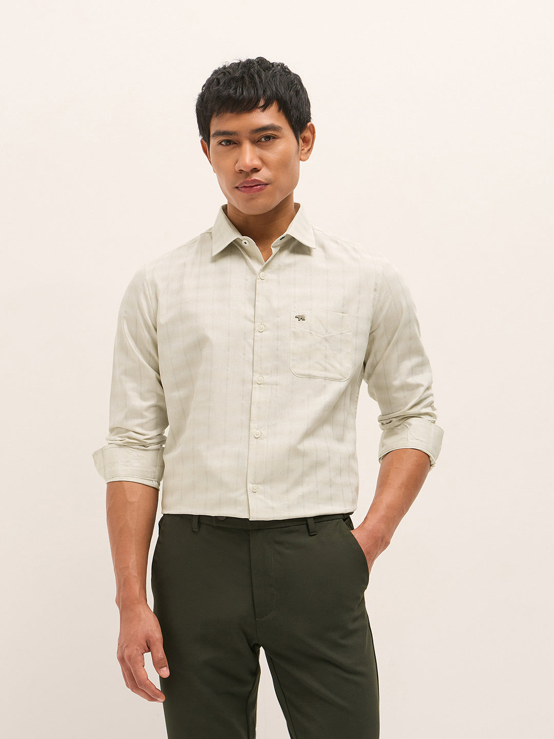 Light Green Woven Stripe Tailored Fit Formal Shirt