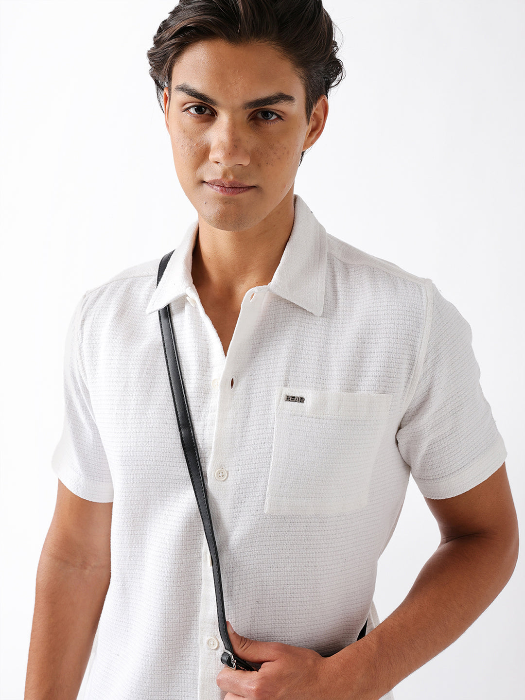 White Textured Weave Regular Fit Half-Sleeve Casual Shirt
