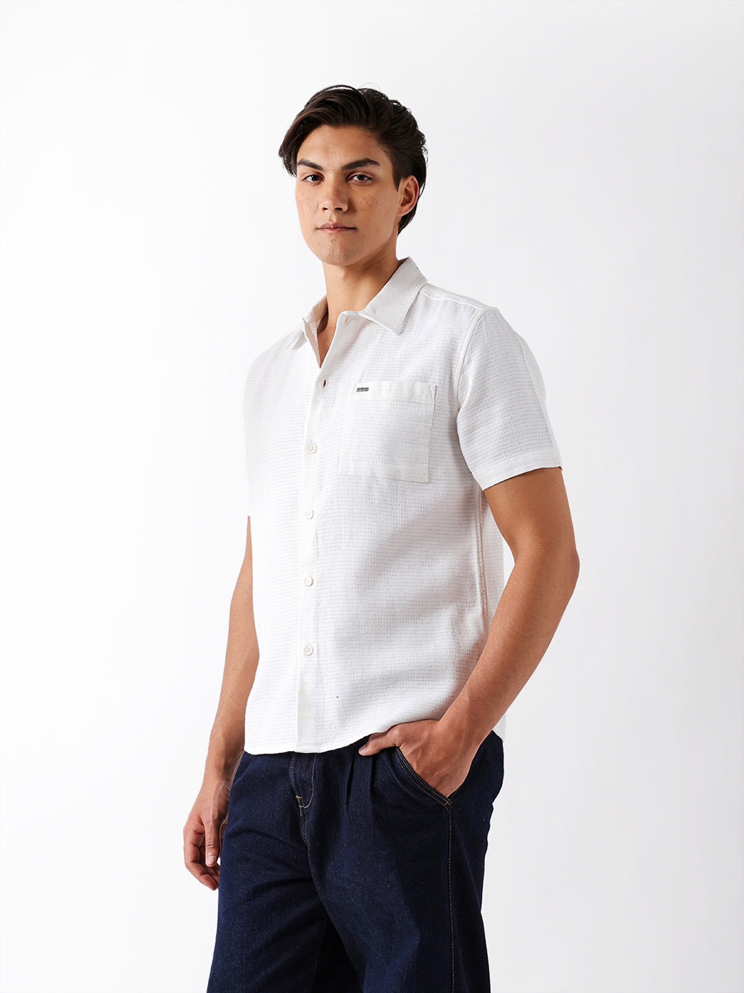White Textured Weave Regular Fit Half-Sleeve Casual Shirt