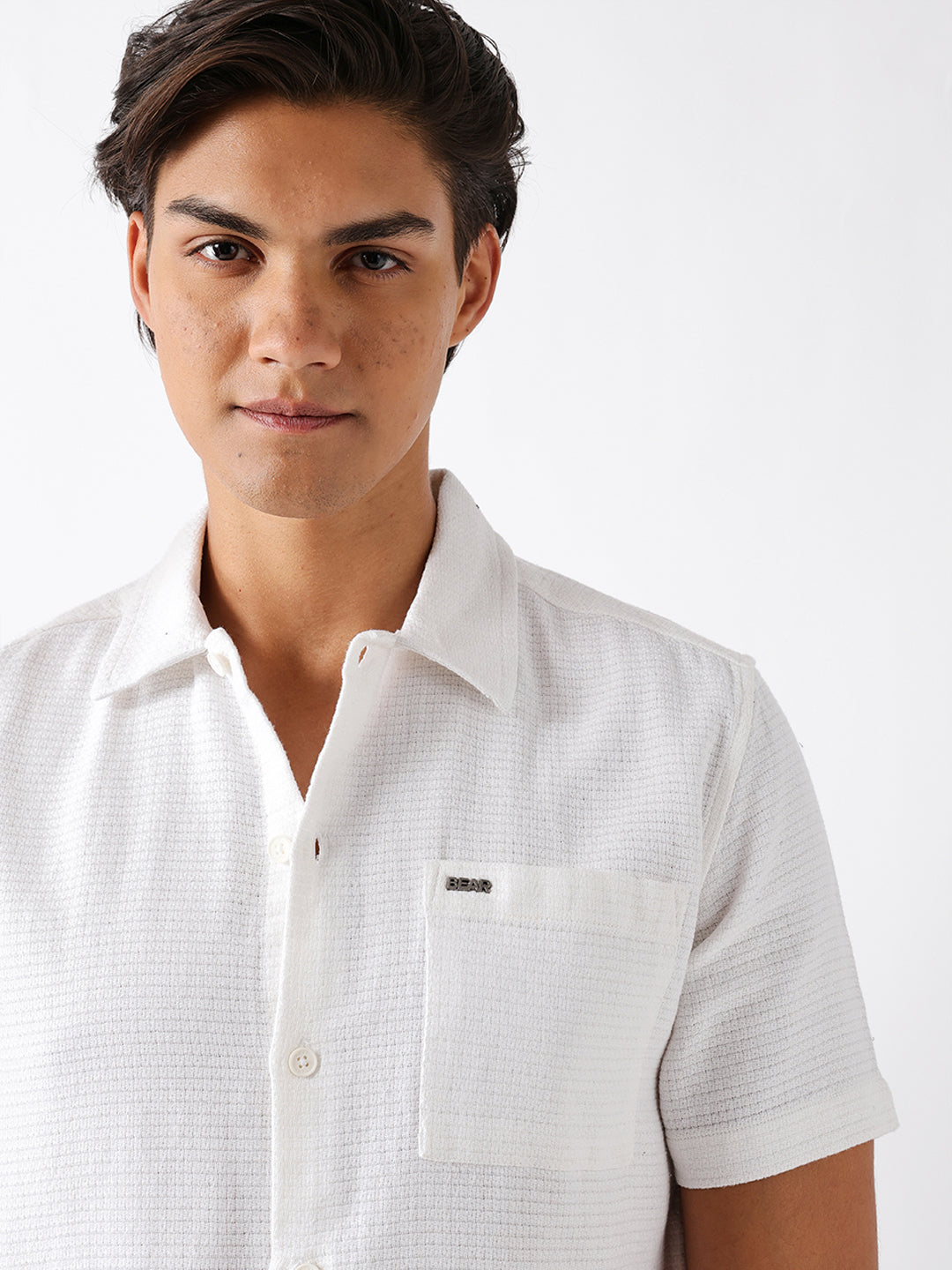 White Textured Weave Regular Fit Half-Sleeve Casual Shirt