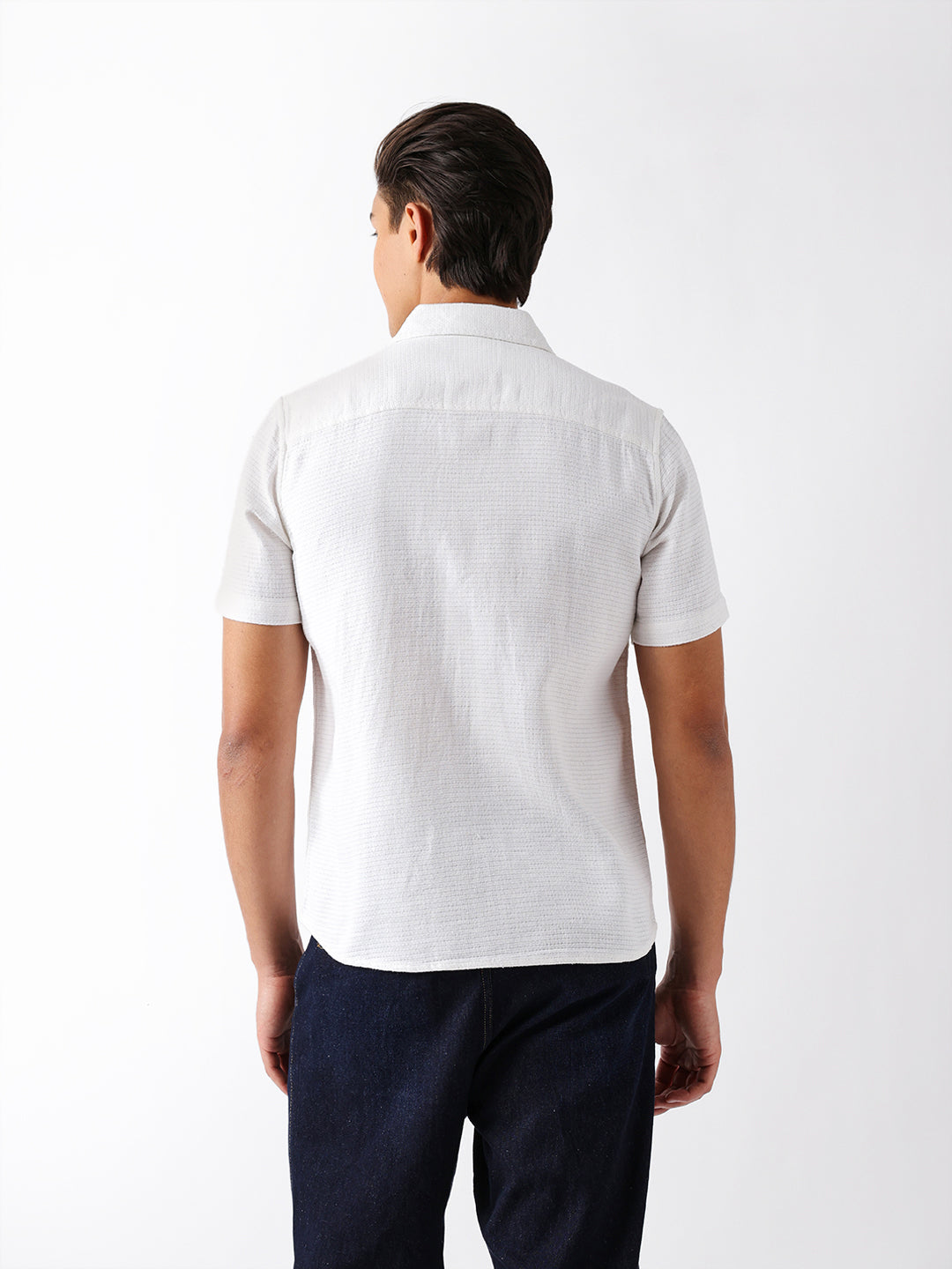 White Textured Weave Regular Fit Half-Sleeve Casual Shirt