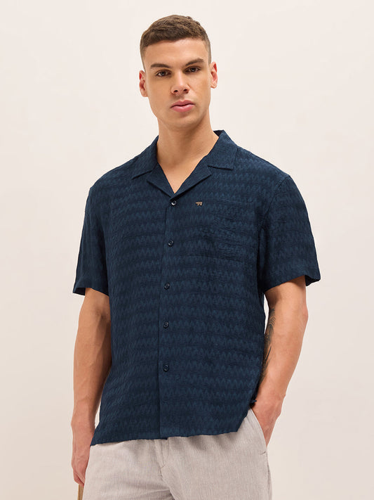 Navy Blue Zigzag Textured Weave Relaxed Fit Half Sleeve Casual Shirt