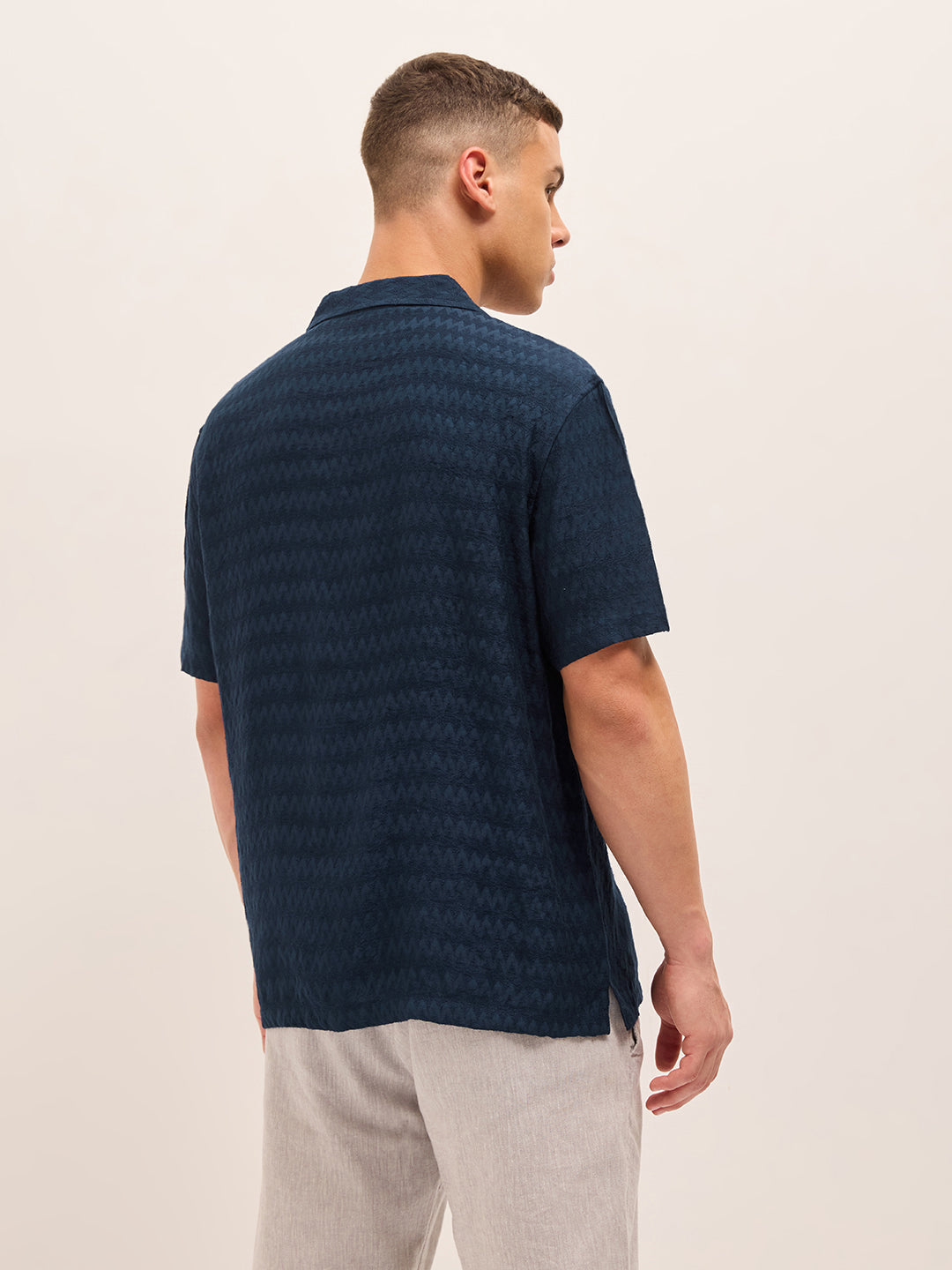 Navy Blue Zigzag Textured Weave Relaxed Fit Half Sleeve Casual Shirt