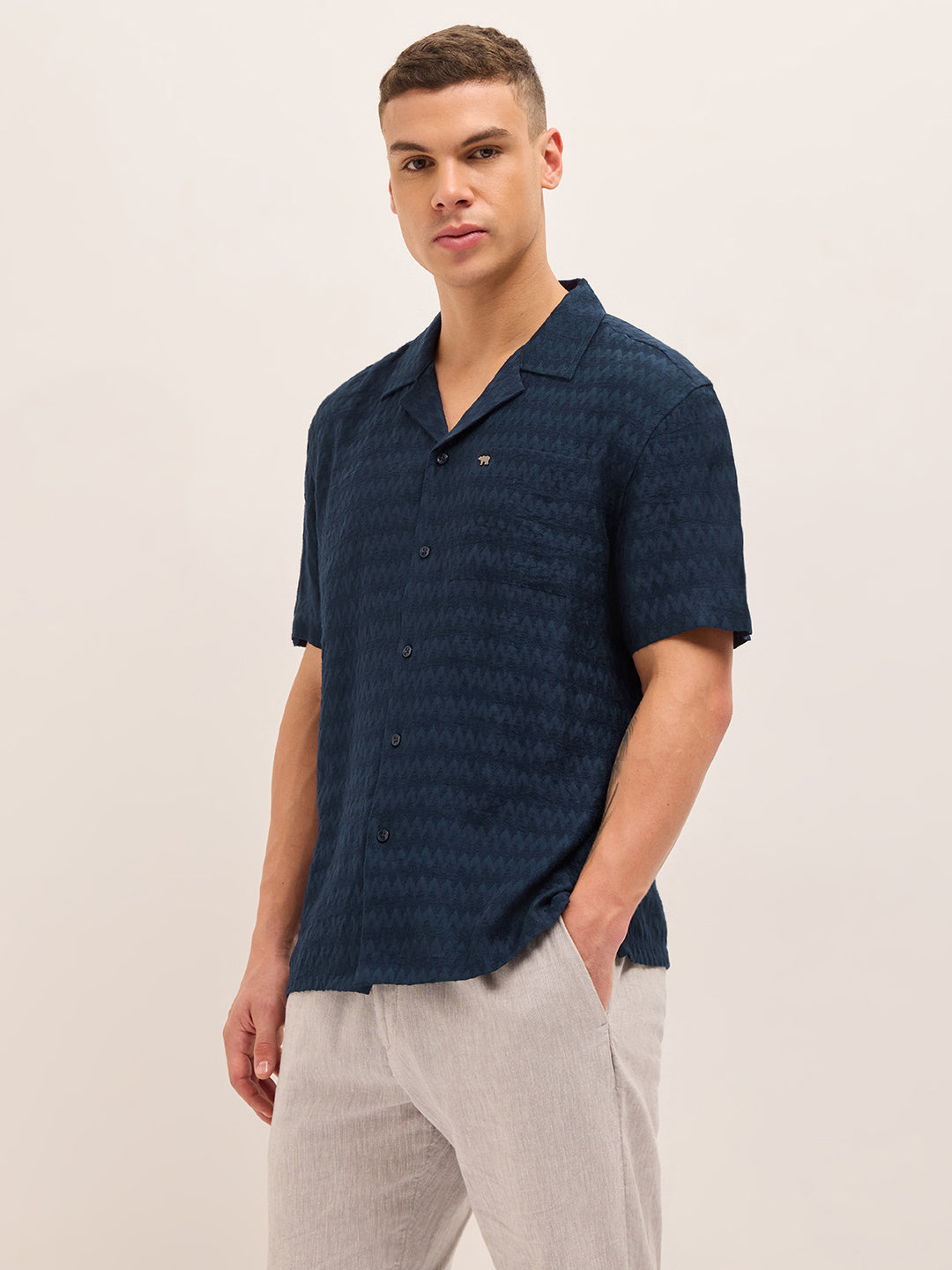 Navy Blue Zigzag Textured Weave Relaxed Fit Half Sleeve Casual Shirt