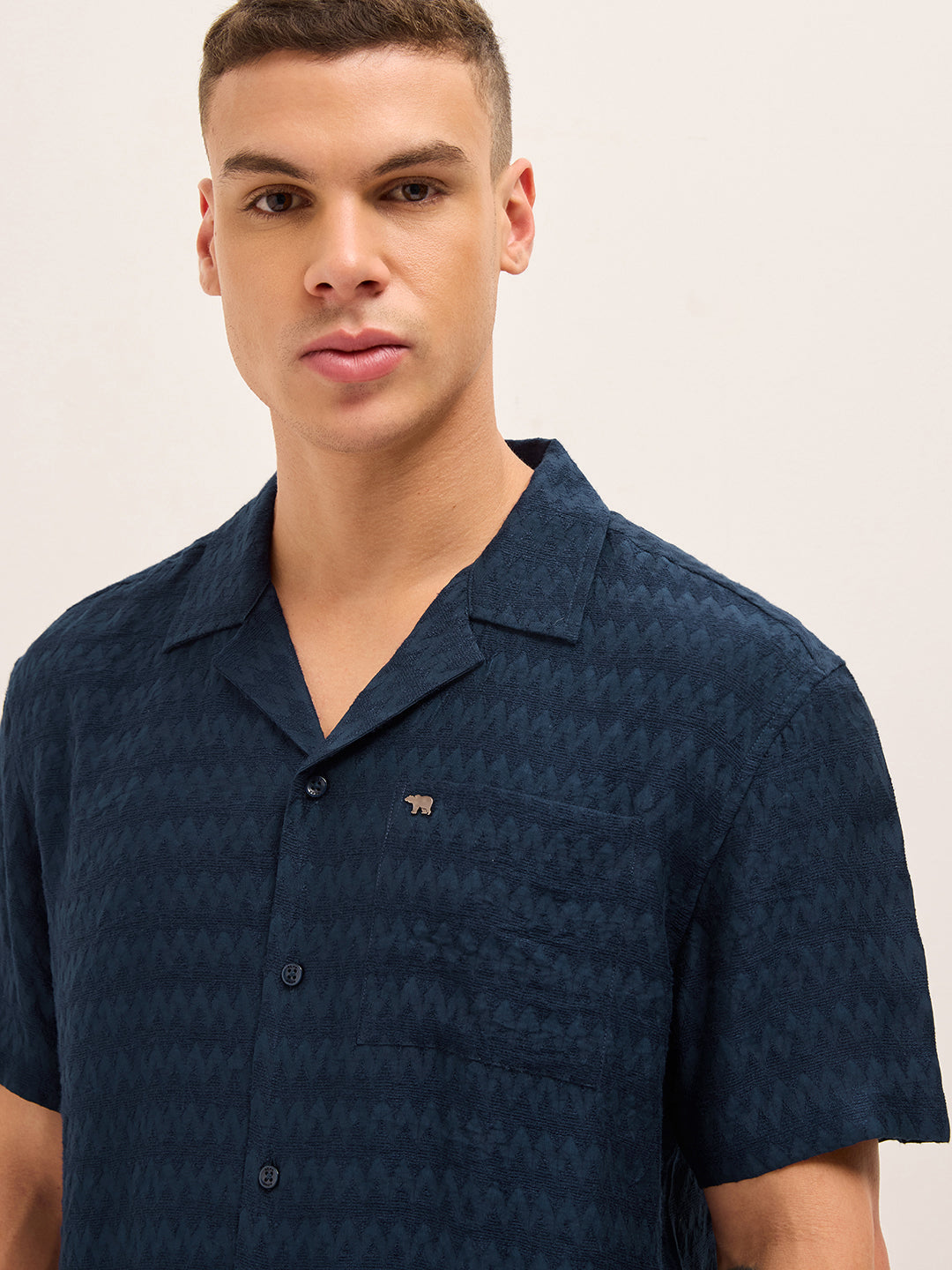 Navy Blue Zigzag Textured Weave Relaxed Fit Half Sleeve Casual Shirt