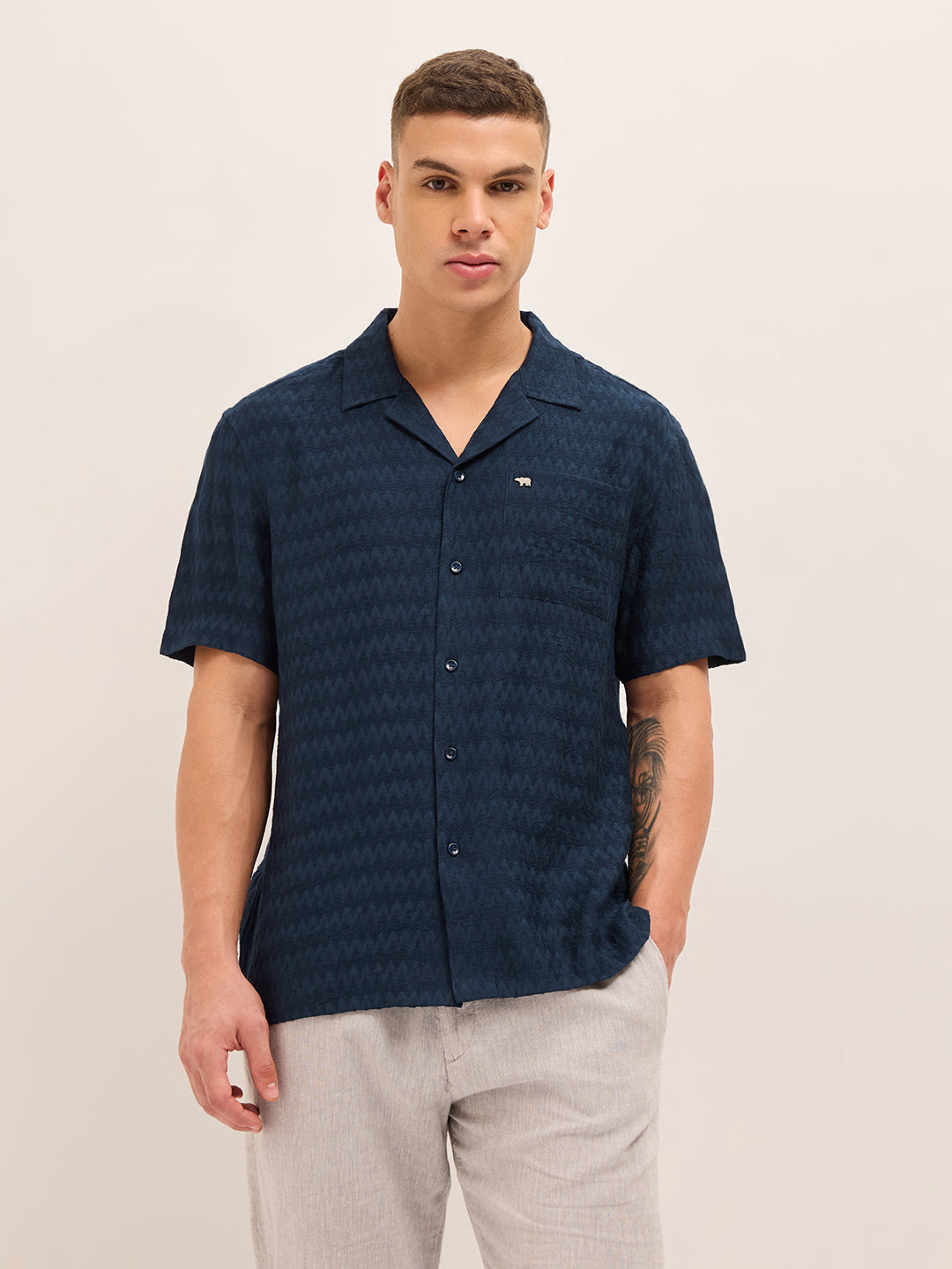 Navy Blue Zigzag Textured Weave Relaxed Fit Half Sleeve Casual Shirt