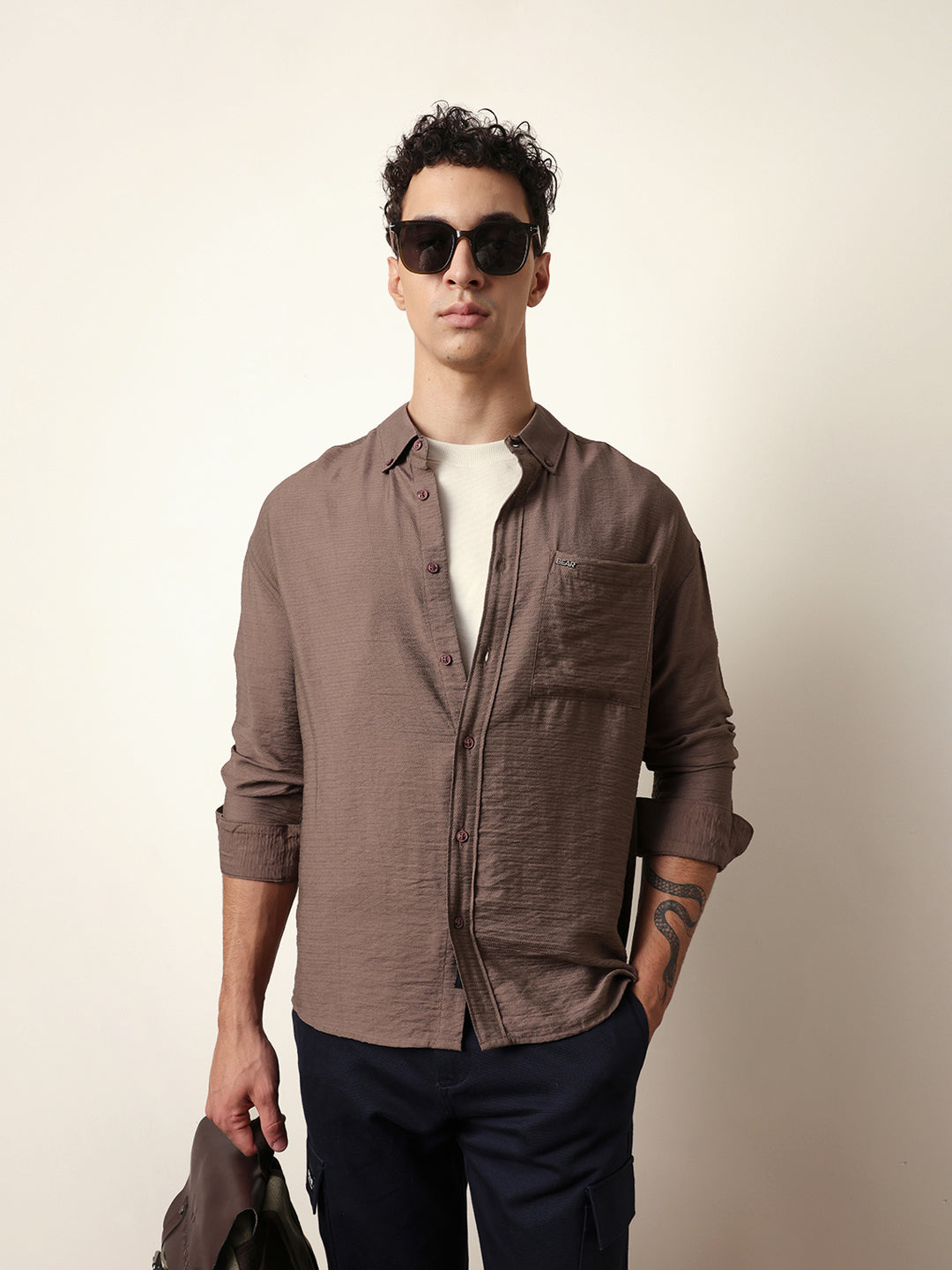 Brown Viscose Herringbone Design Relax Fit Casual shirt