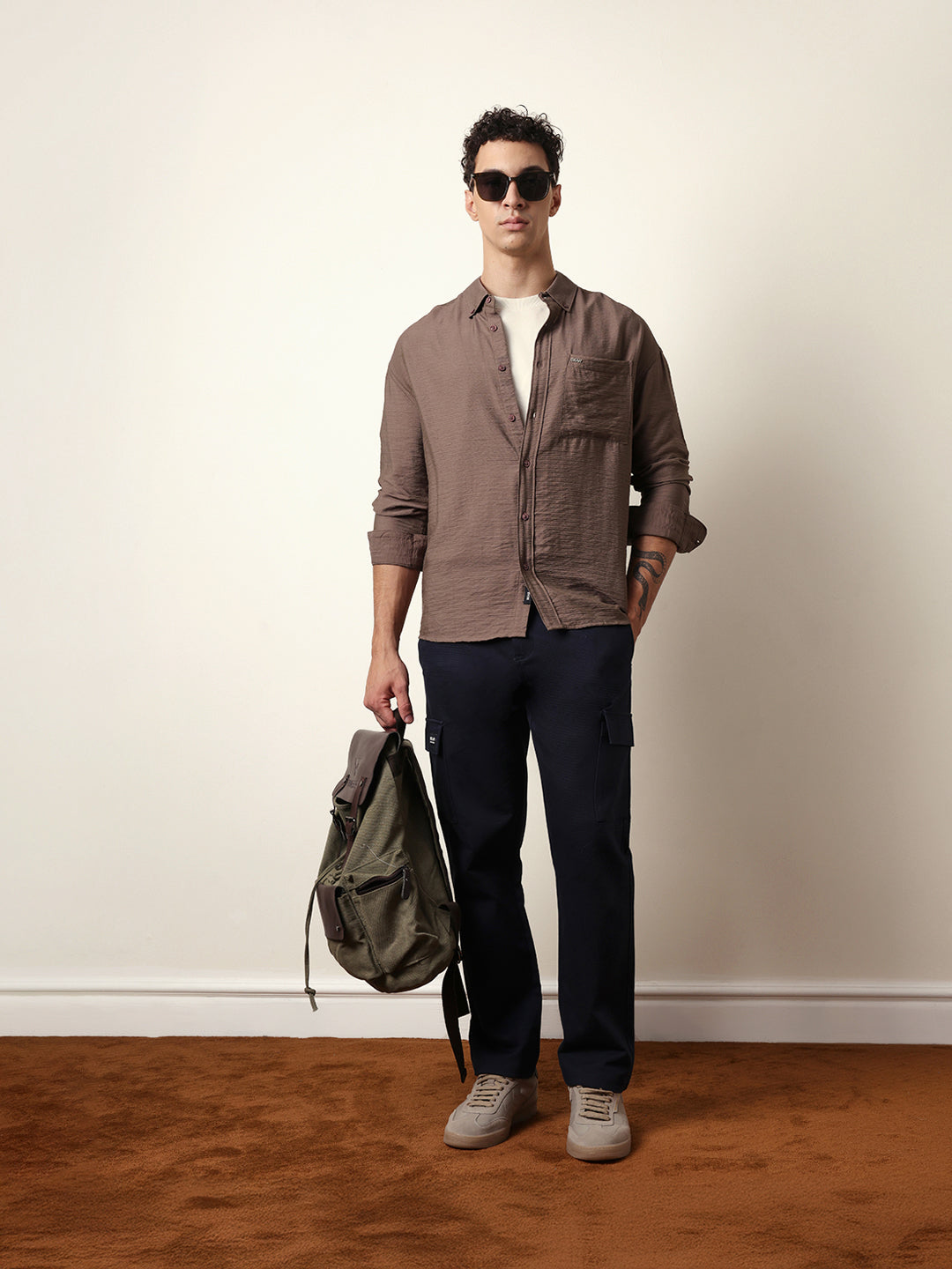 Brown Viscose Herringbone Design Relax Fit Casual shirt