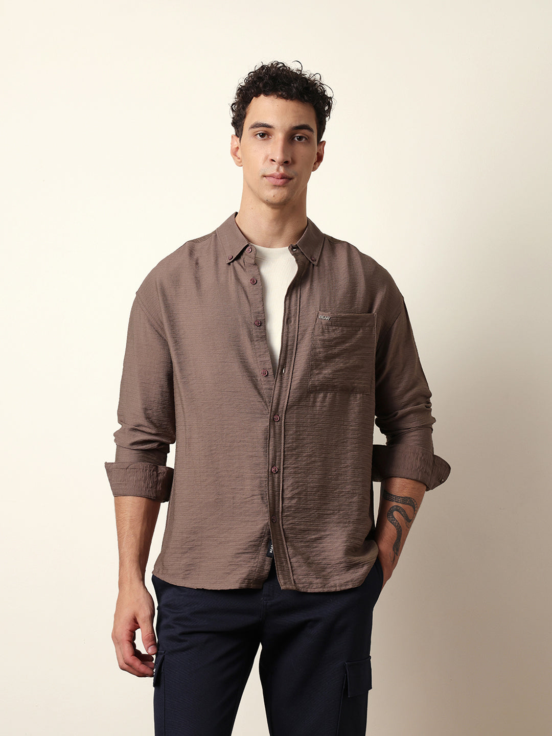 Brown Viscose Herringbone Design Relax Fit Casual shirt