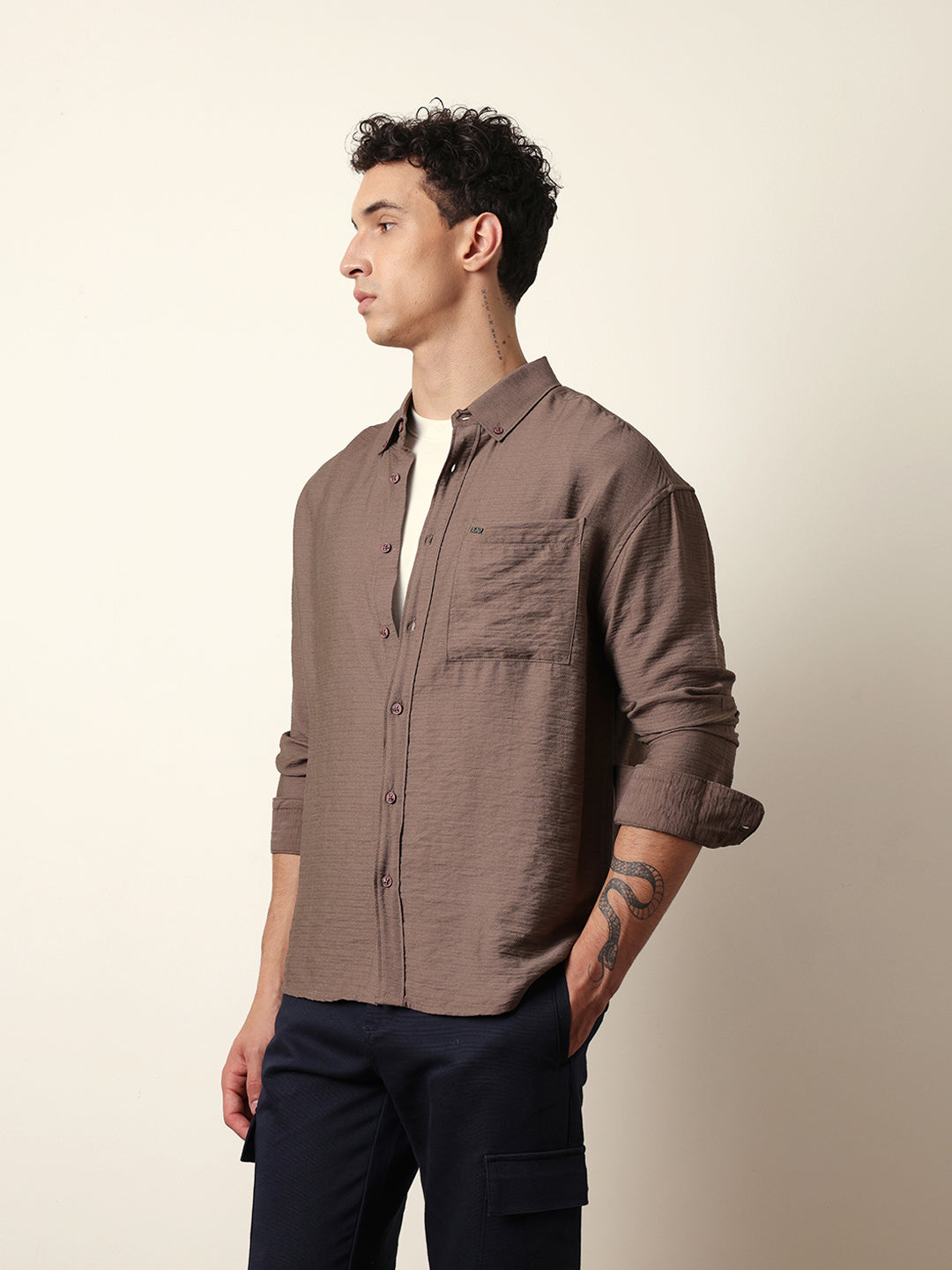 Brown Viscose Herringbone Design Relax Fit Casual shirt