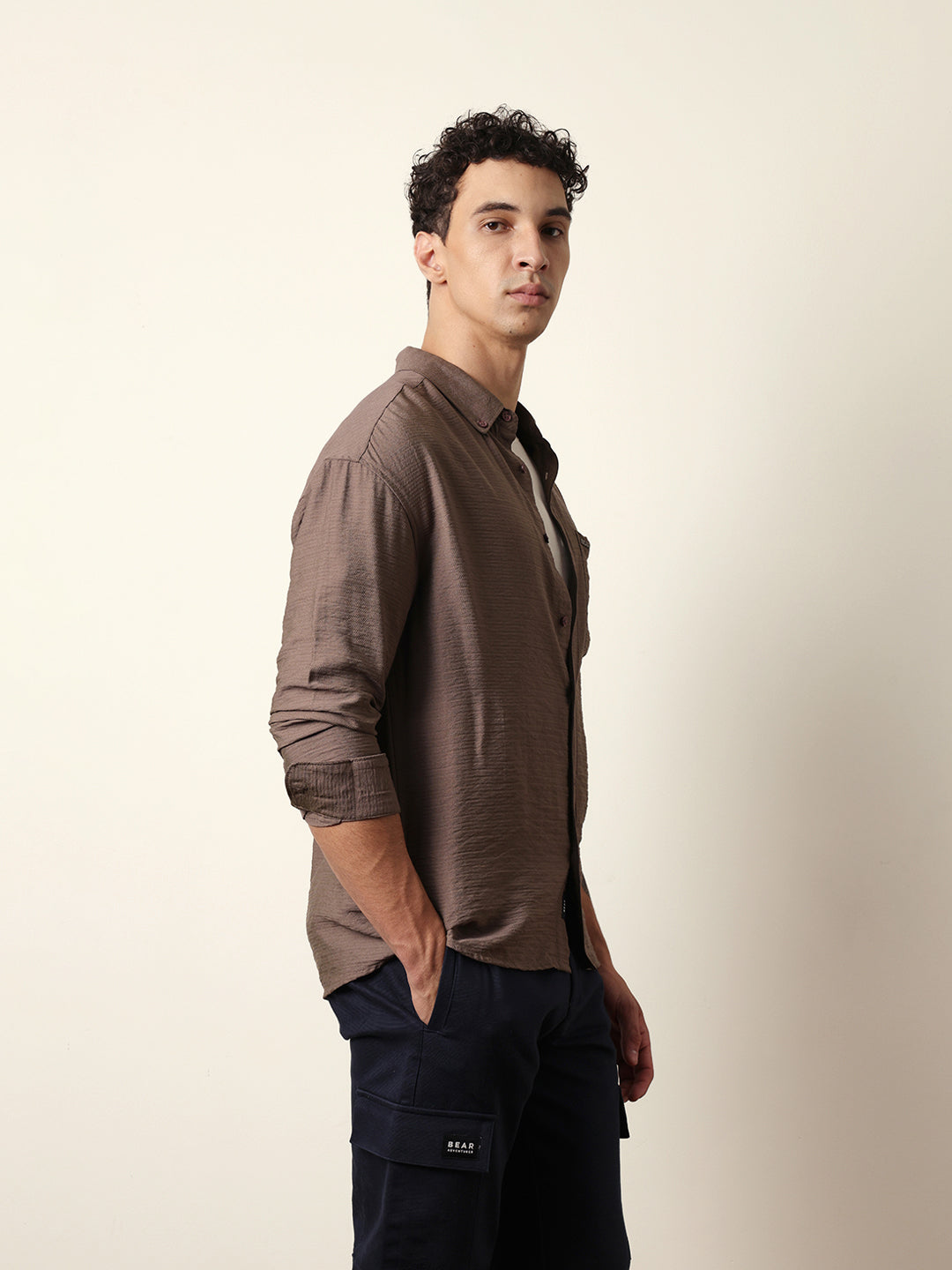 Brown Viscose Herringbone Design Relax Fit Casual shirt