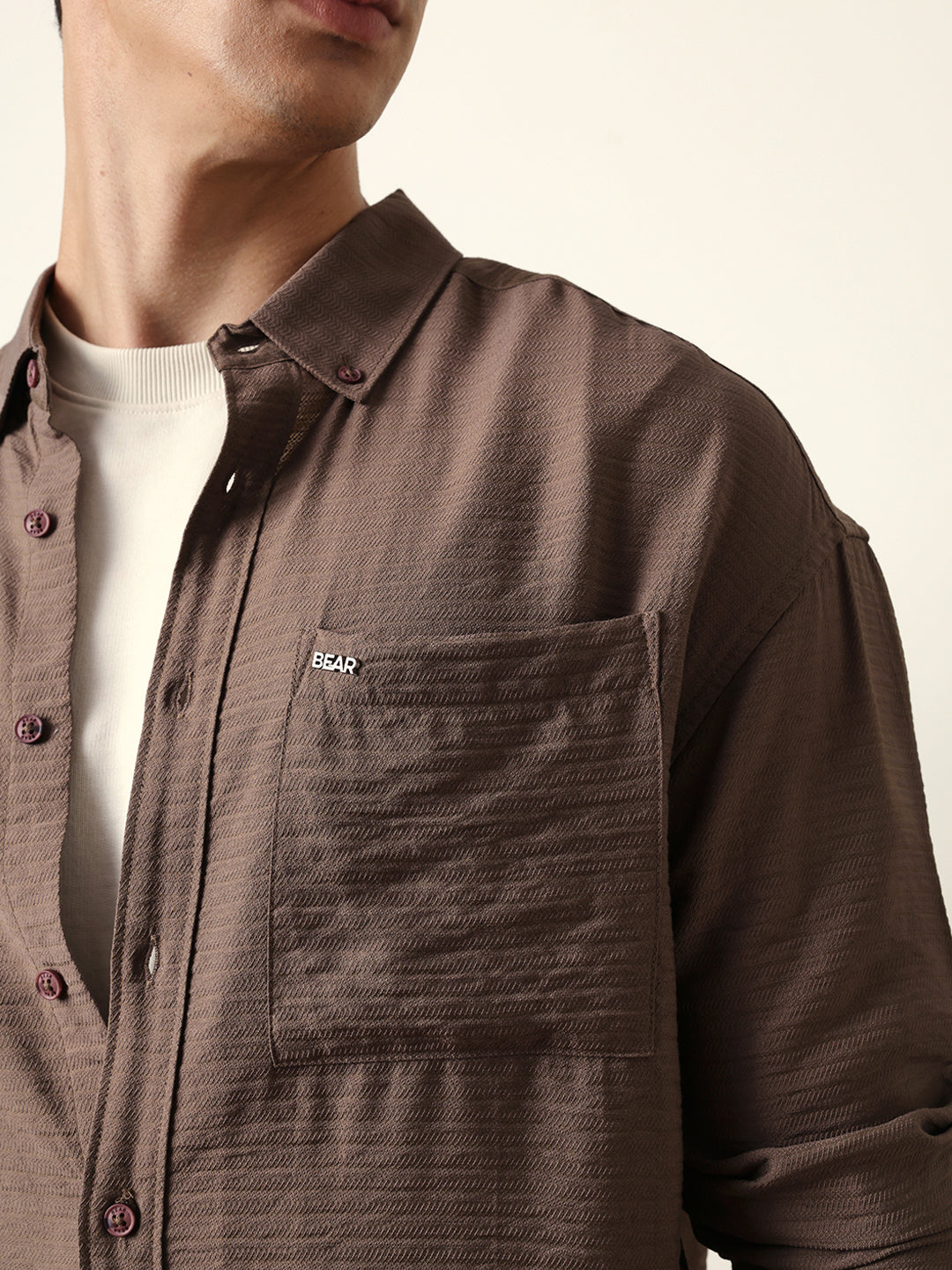 Brown Viscose Herringbone Design Relax Fit Casual shirt