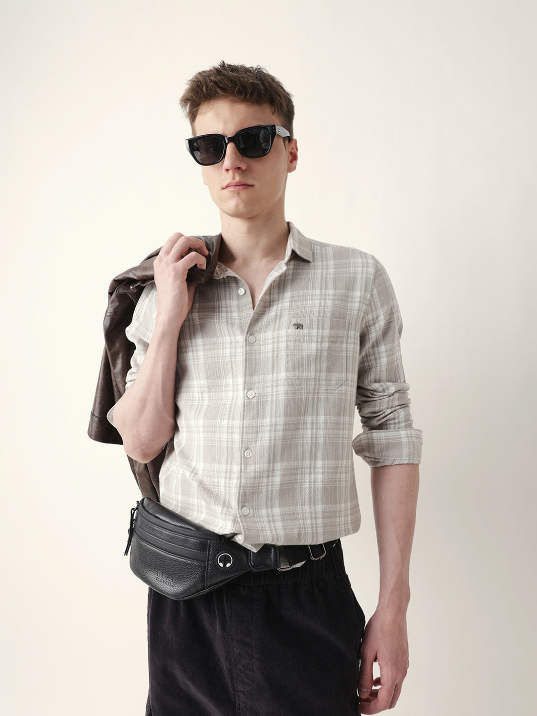 Beige Woven Checkered Slim Fit Casual Shirt