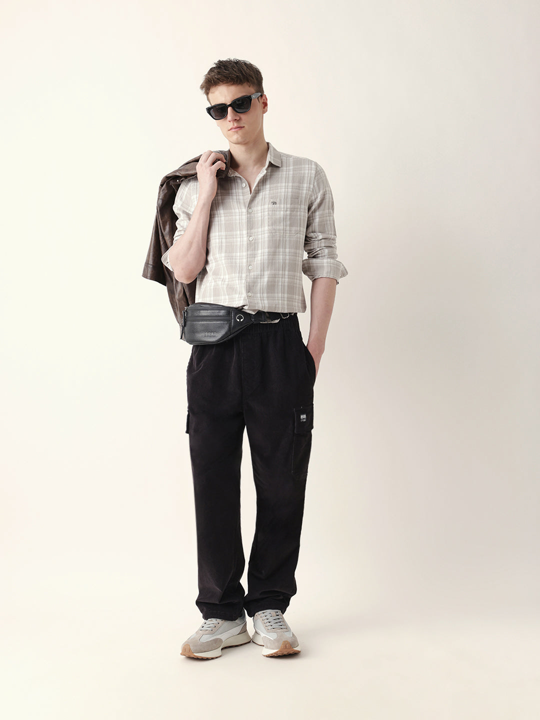 Beige Woven Checkered Slim Fit Casual Shirt