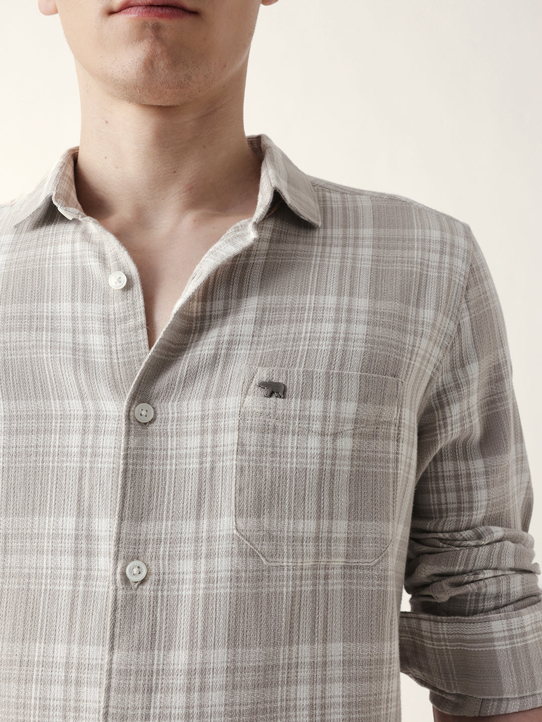 Beige Woven Checkered Slim Fit Casual Shirt