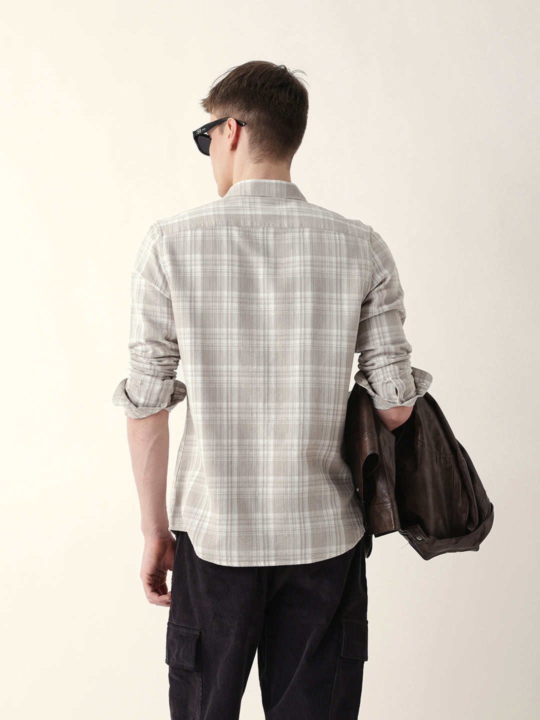 Beige Woven Checkered Slim Fit Casual Shirt