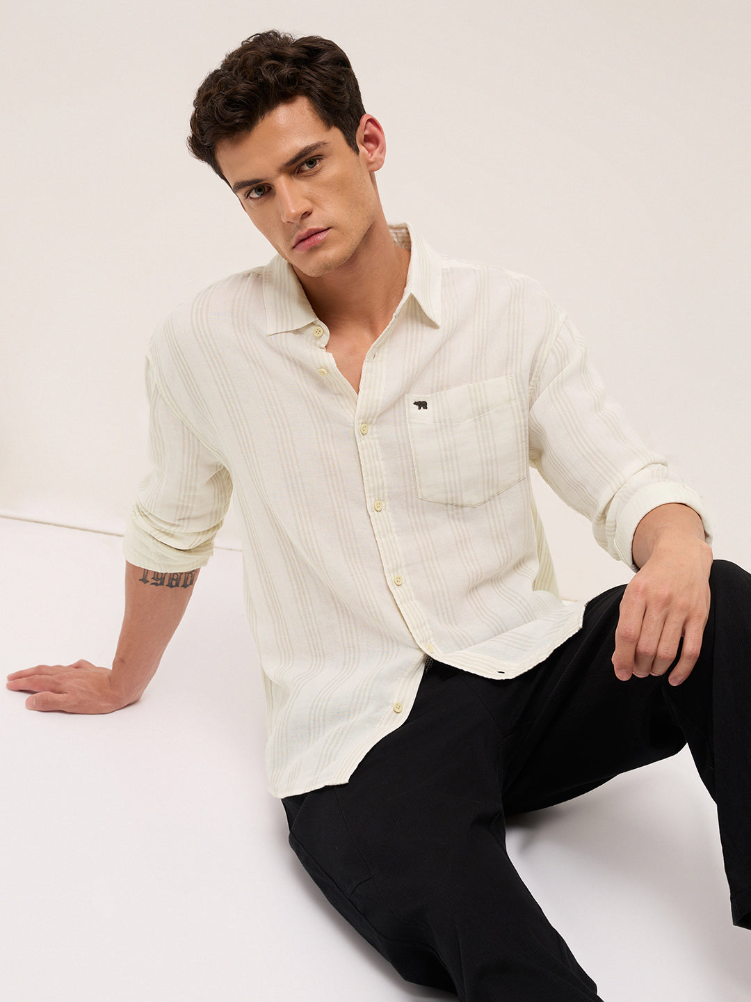 Cream Woven Vertical Stripes Relax Fit Casual Shirt
