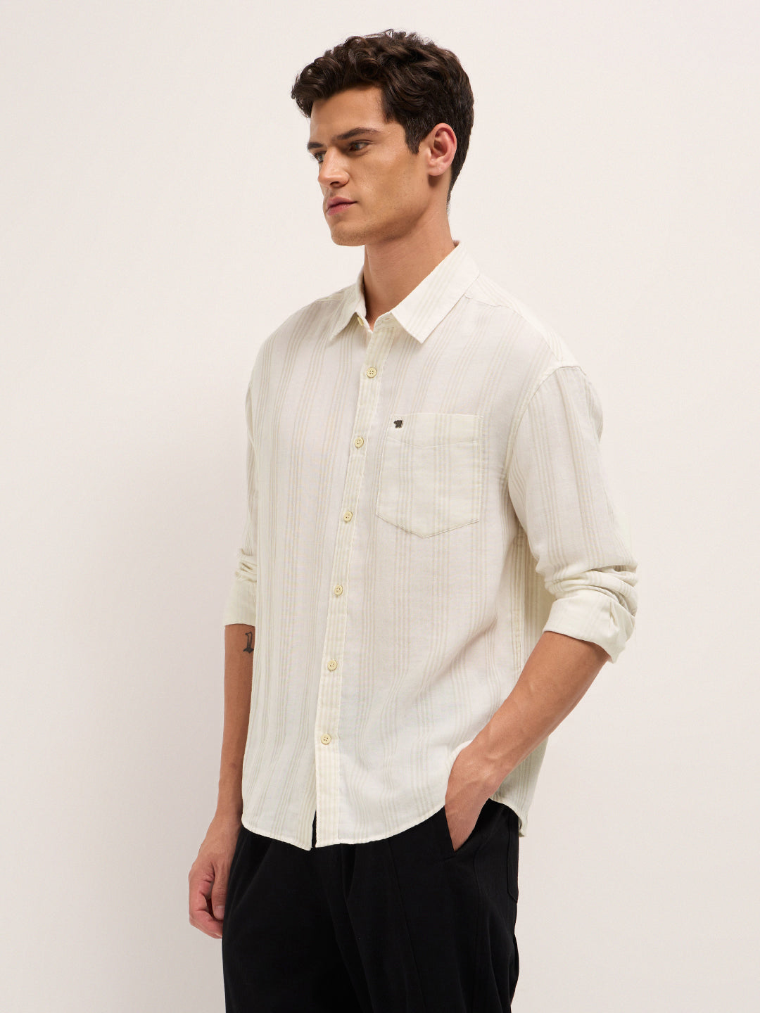 Cream Woven Vertical Stripes Relax Fit Casual Shirt