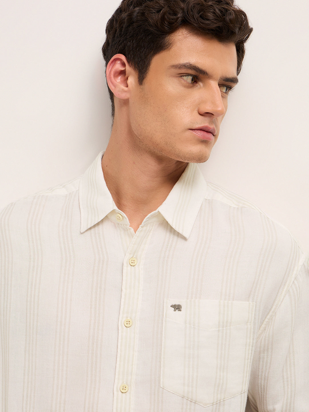 Cream Woven Vertical Stripes Relax Fit Casual Shirt