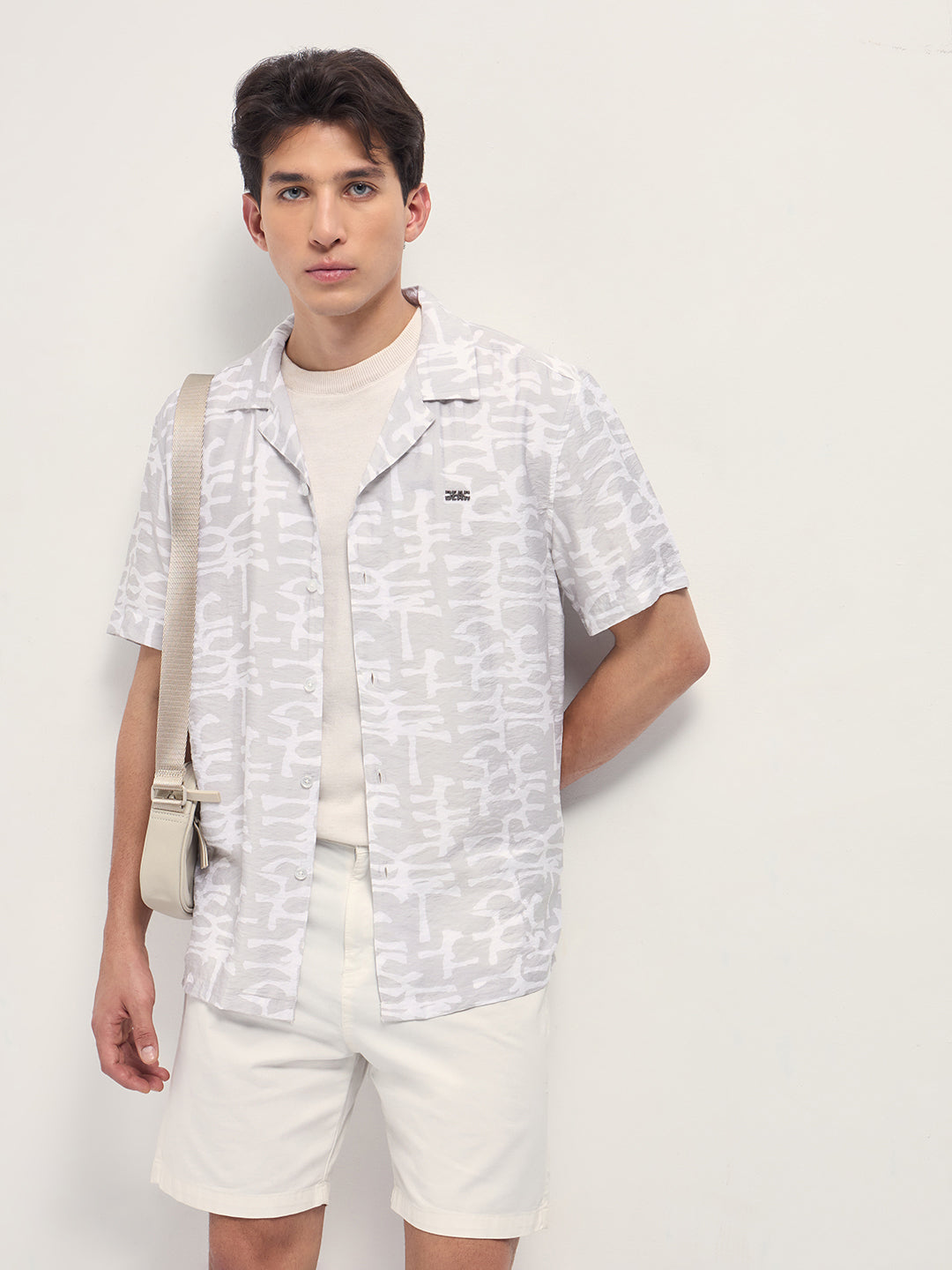 Beige Abstract Brush Stroke Print Relaxed Fit Cuban Collar Shirt