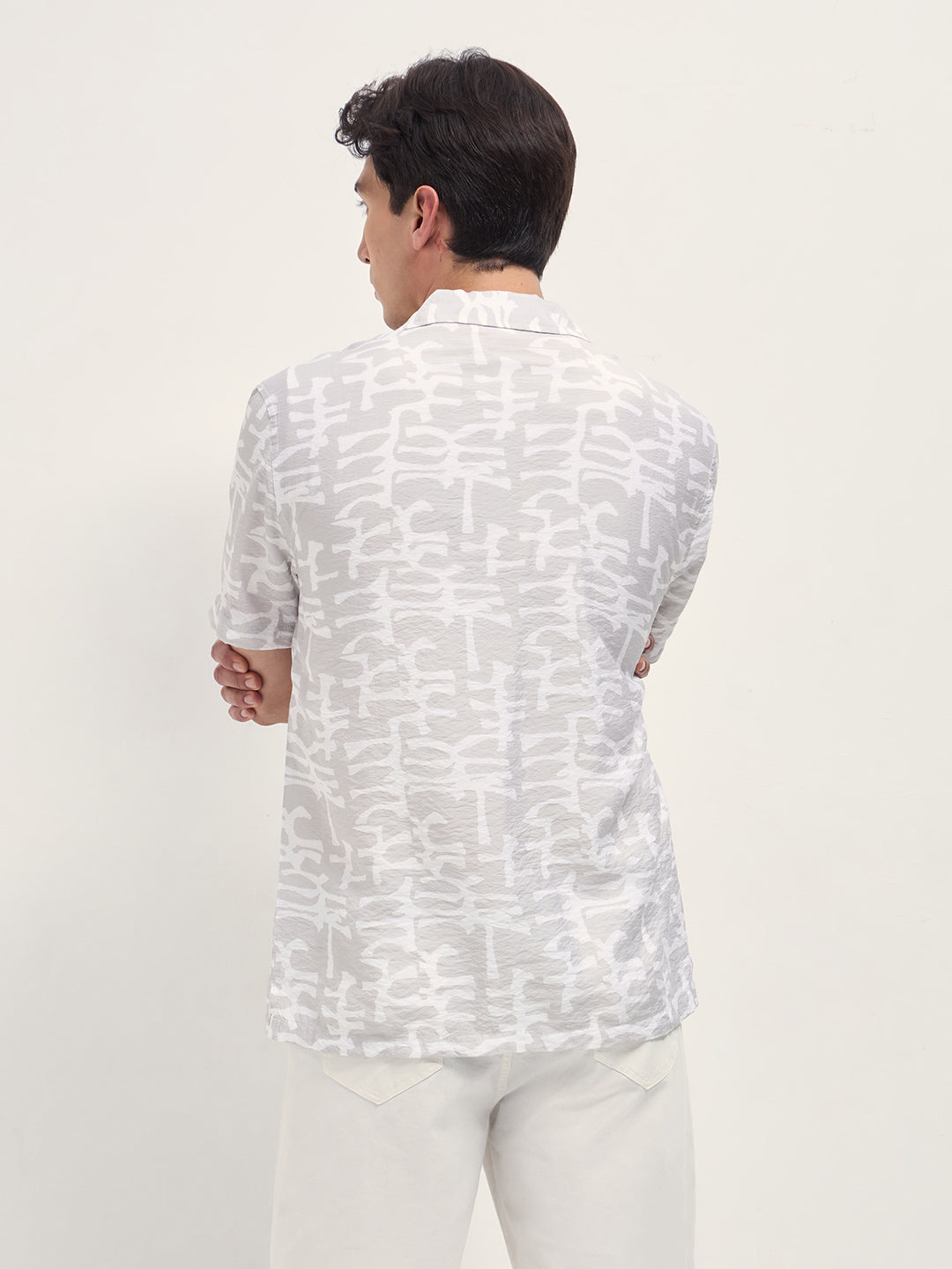 Beige Abstract Brush Stroke Print Relaxed Fit Cuban Collar Shirt