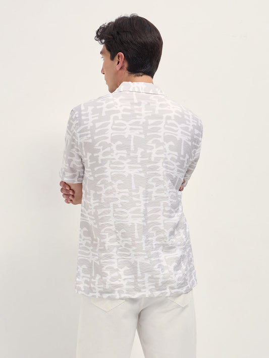 Beige Abstract Brush Stroke Print Relaxed Fit Cuban Collar Shirt