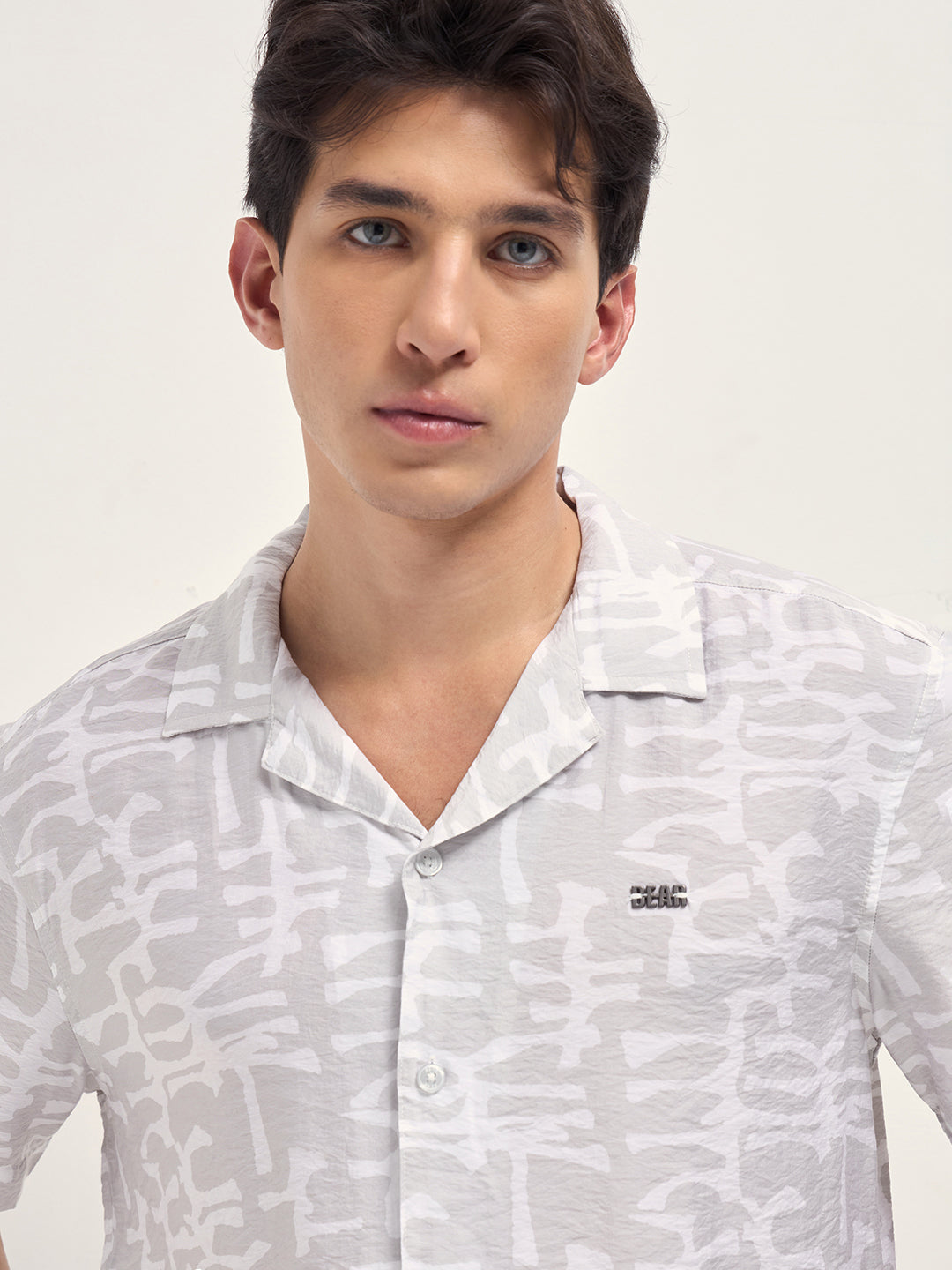 Beige Abstract Brush Stroke Print Relaxed Fit Cuban Collar Shirt
