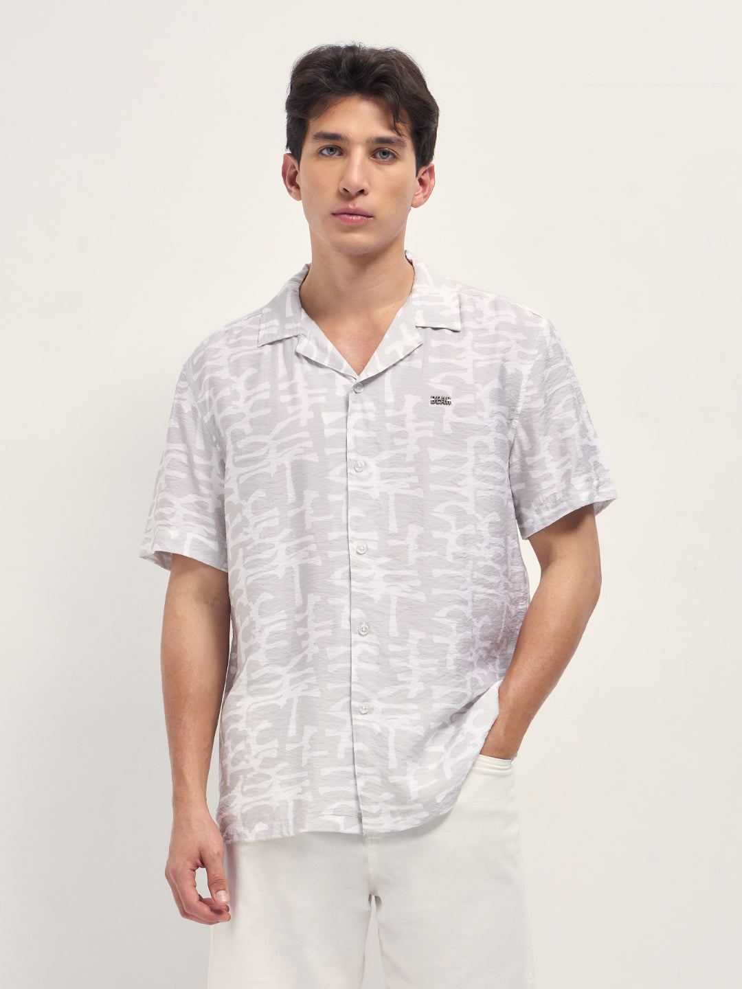 Beige Abstract Brush Stroke Print Relaxed Fit Cuban Collar Shirt