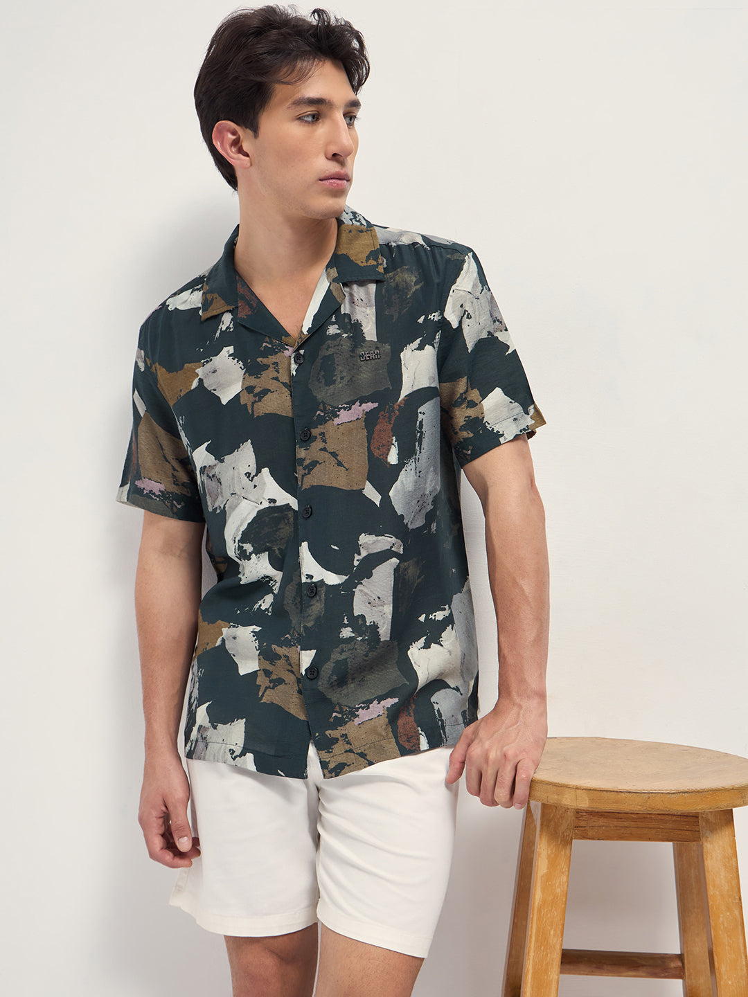 Dark Green Abstract Brush Stroke Print Relaxed Fit Cuban Collar Shirt