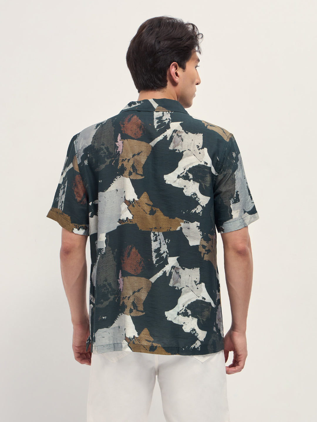 Dark Green Abstract Brush Stroke Print Relaxed Fit Cuban Collar Shirt