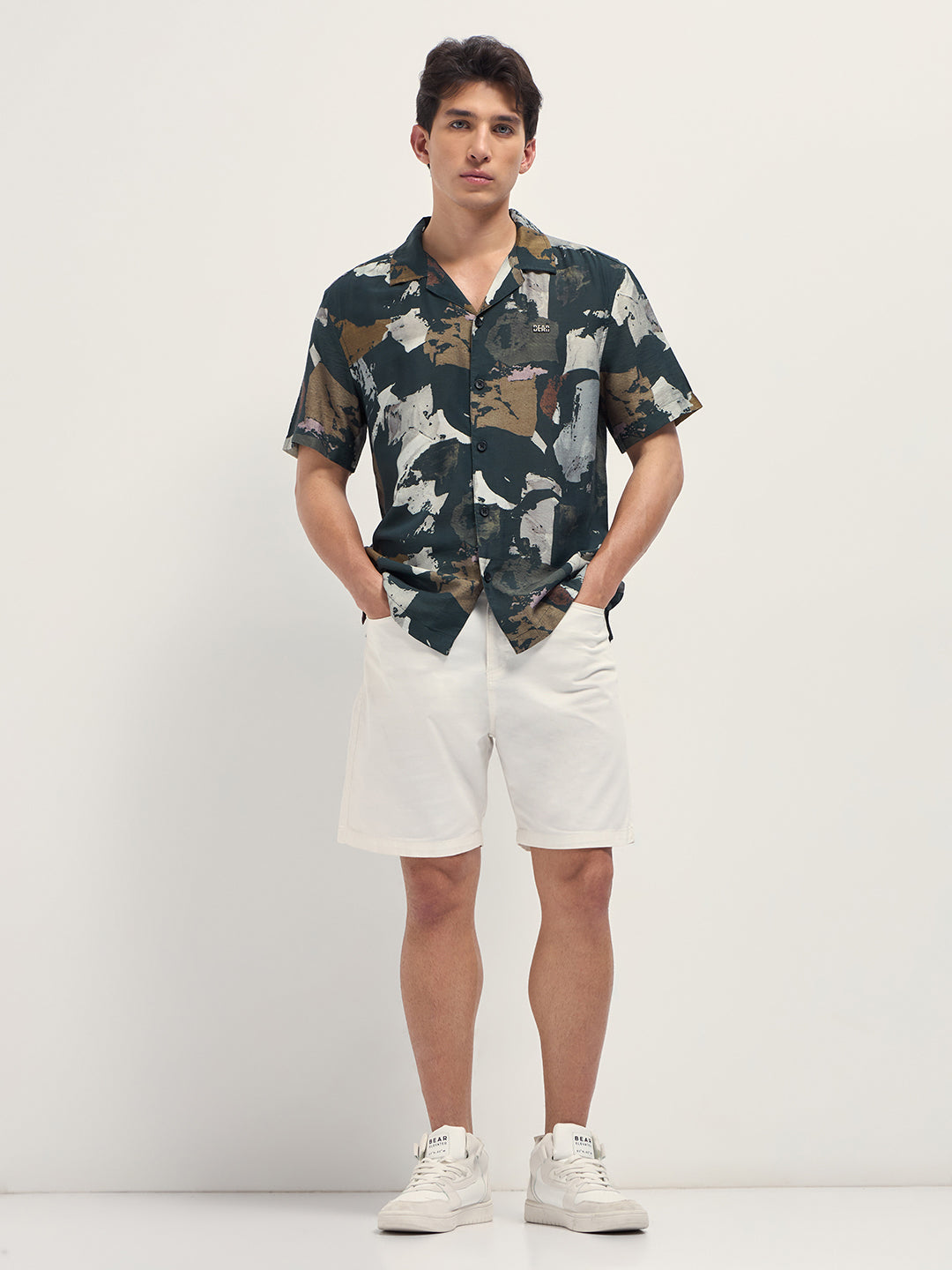 Dark Green Abstract Brush Stroke Print Relaxed Fit Cuban Collar Shirt