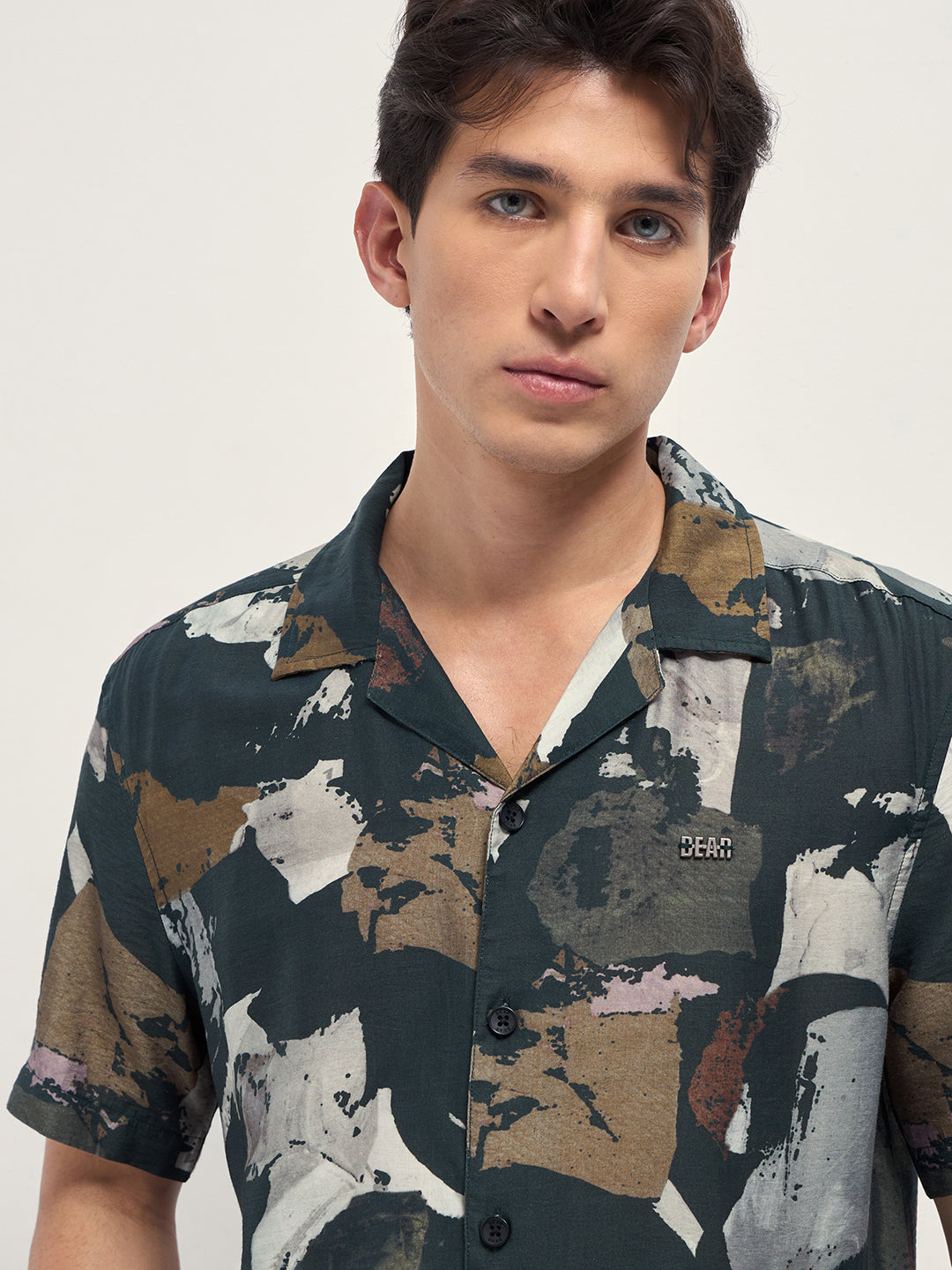Dark Green Abstract Brush Stroke Print Relaxed Fit Cuban Collar Shirt