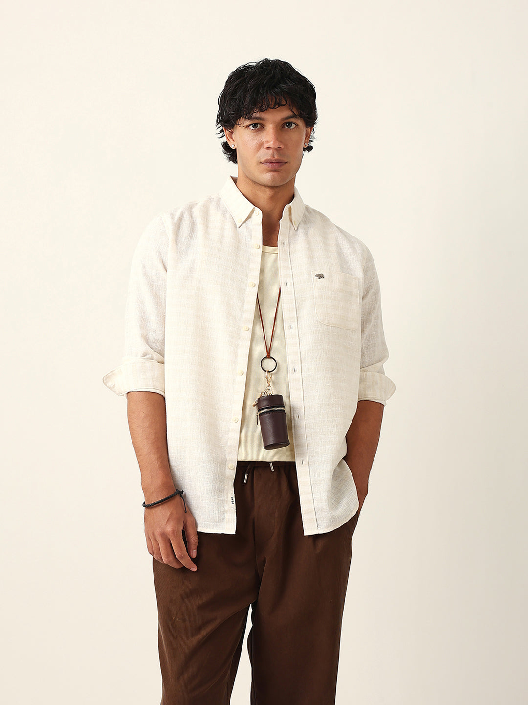Cream Woven Checked Slim Fit Casual Shirt with Button-Down Collar