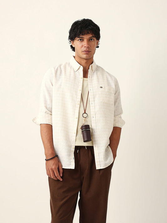 Cream Woven Checked Slim Fit Casual Shirt with Button-Down Collar
