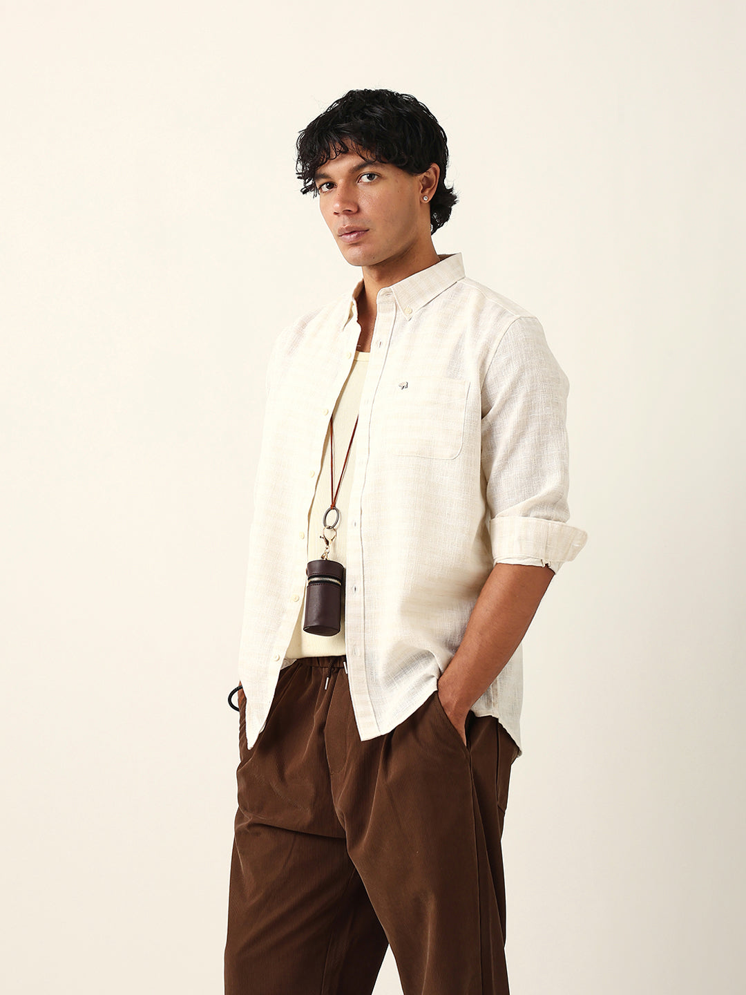 Cream Woven Checked Slim Fit Casual Shirt with Button-Down Collar