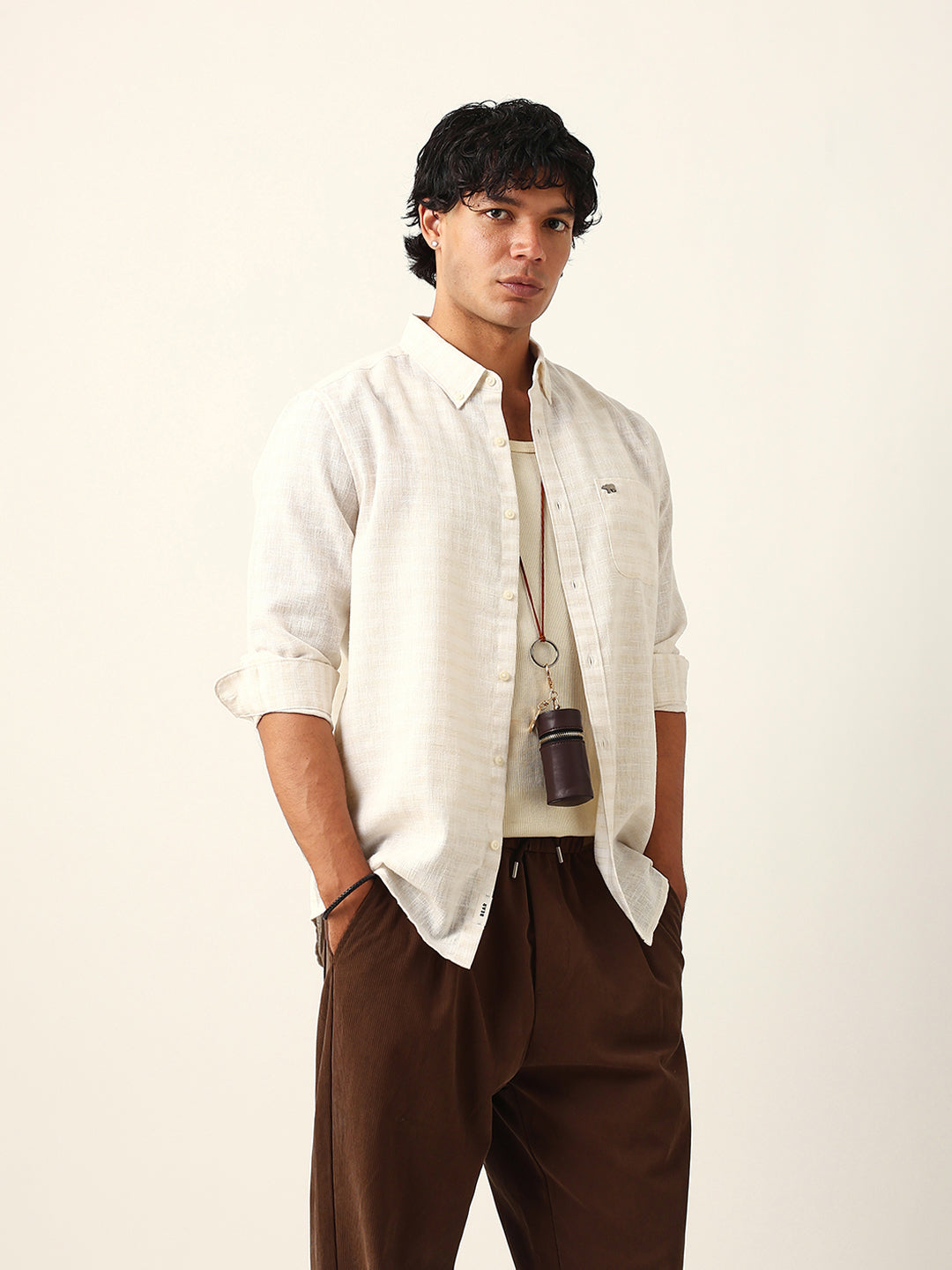 Cream Woven Checked Slim Fit Casual Shirt with Button-Down Collar