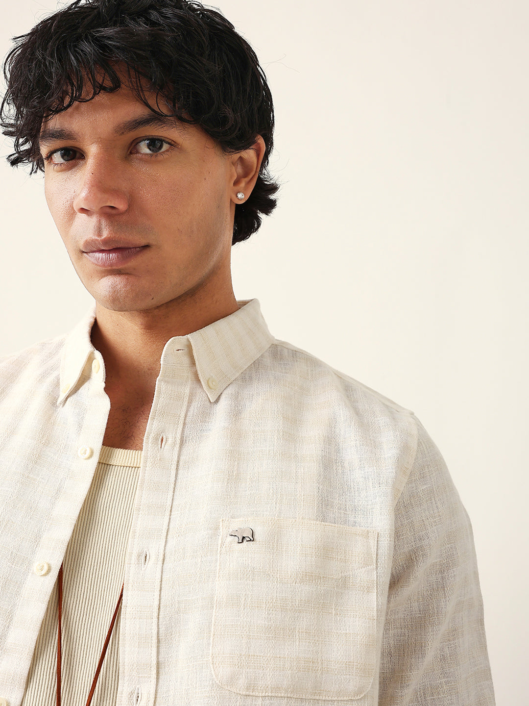 Cream Woven Checked Slim Fit Casual Shirt with Button-Down Collar