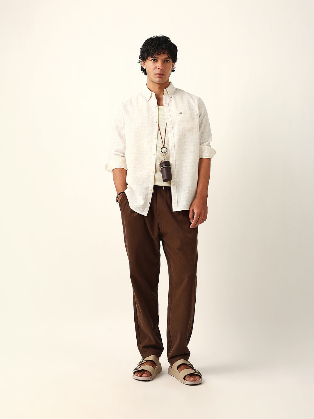 Cream Woven Checked Slim Fit Casual Shirt with Button-Down Collar