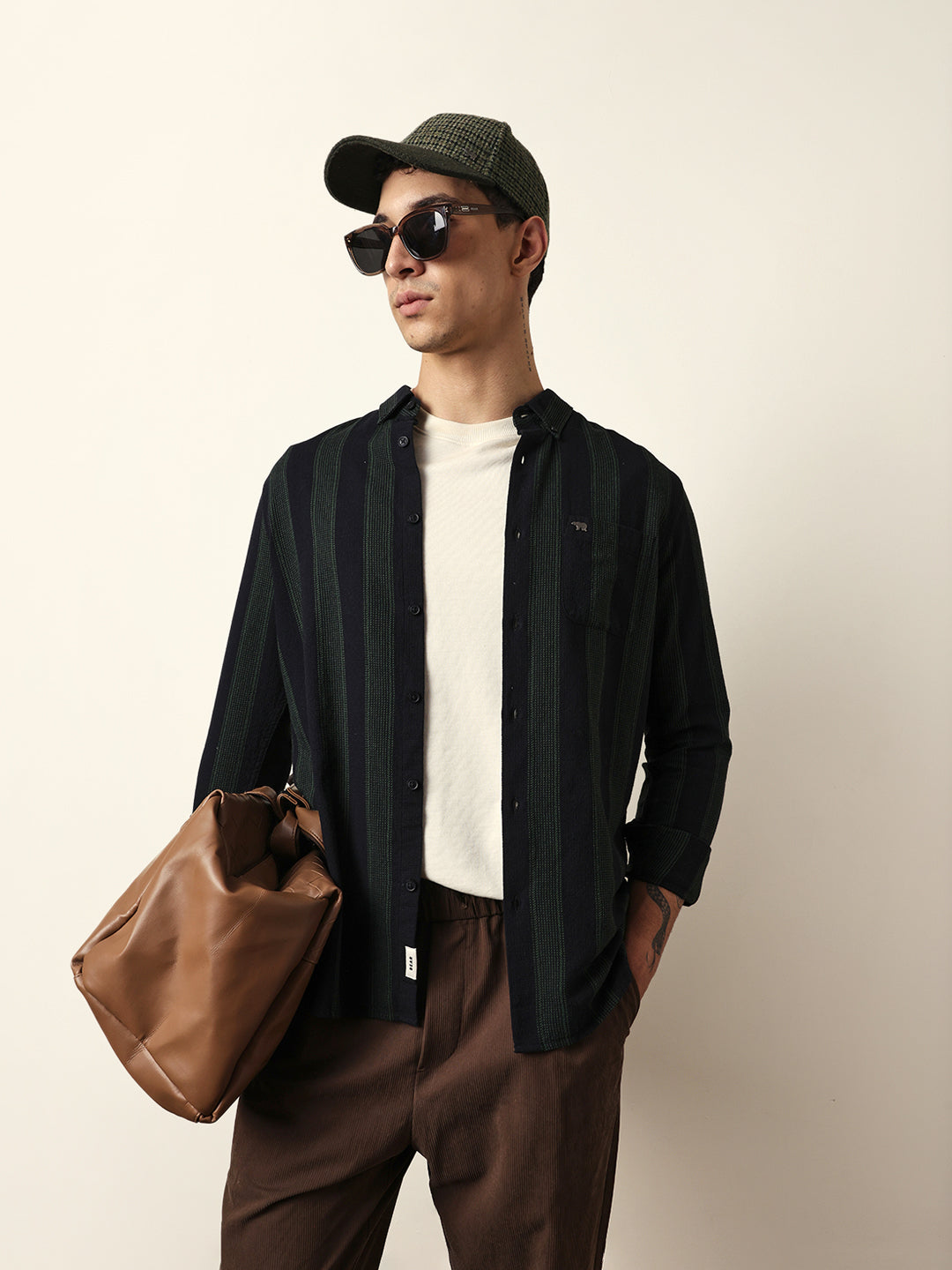 Black with Green Woven Vertical Stripes Slim Fit Casual Shirt