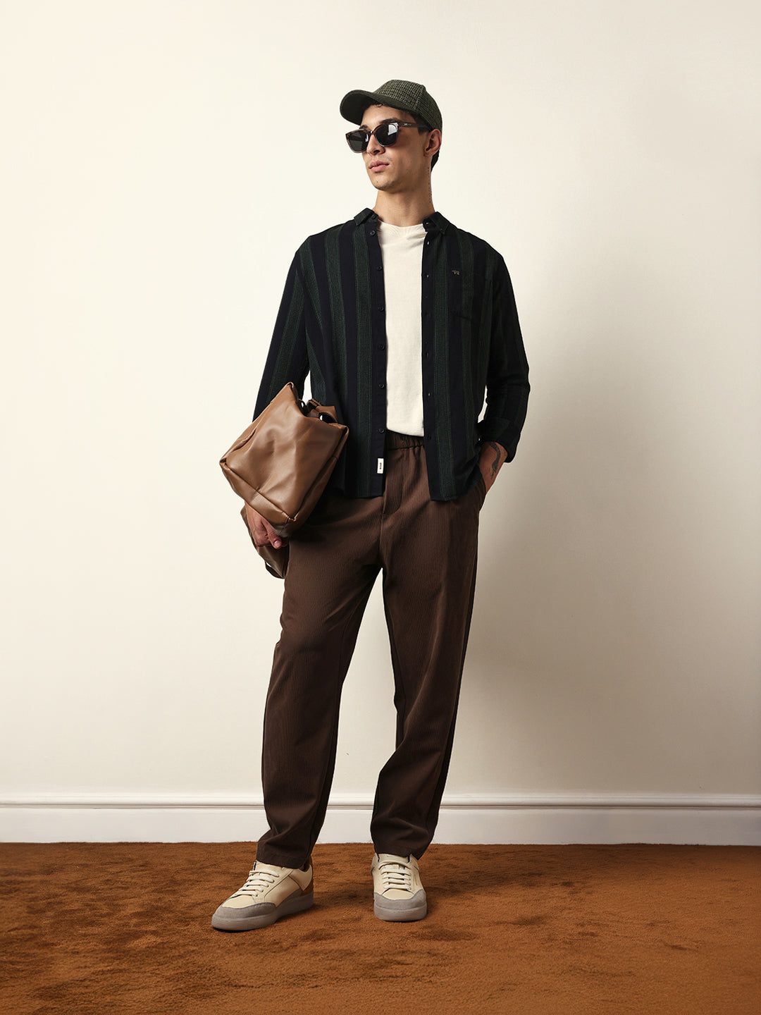 Black with Green Woven Vertical Stripes Slim Fit Casual Shirt