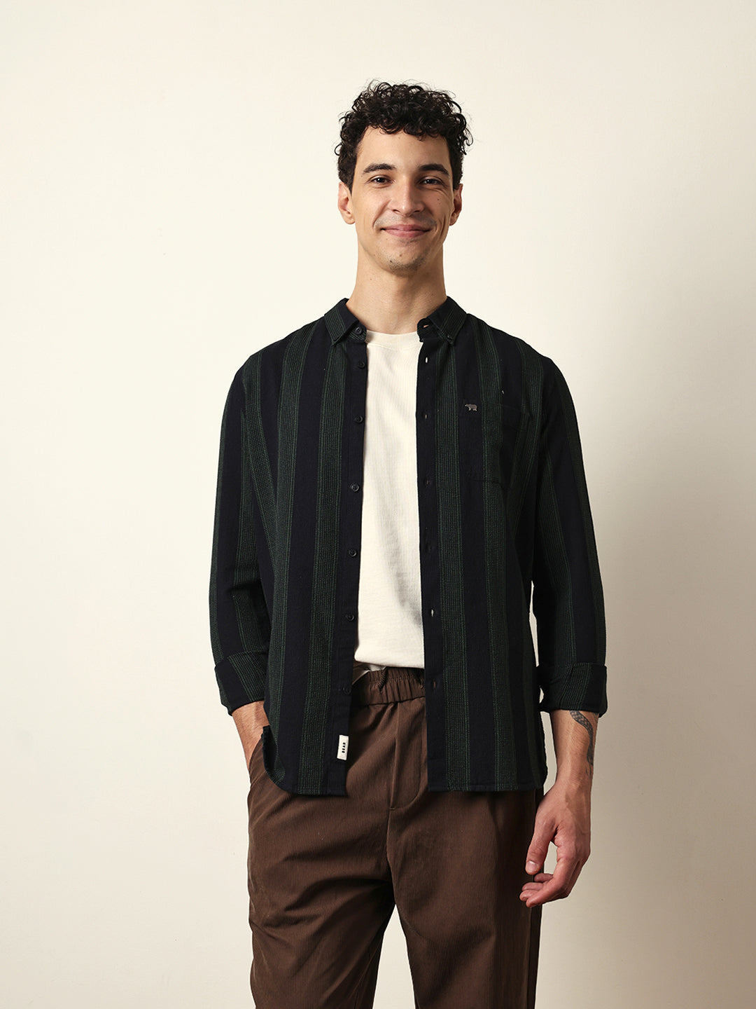 Black with Green Woven Vertical Stripes Slim Fit Casual Shirt