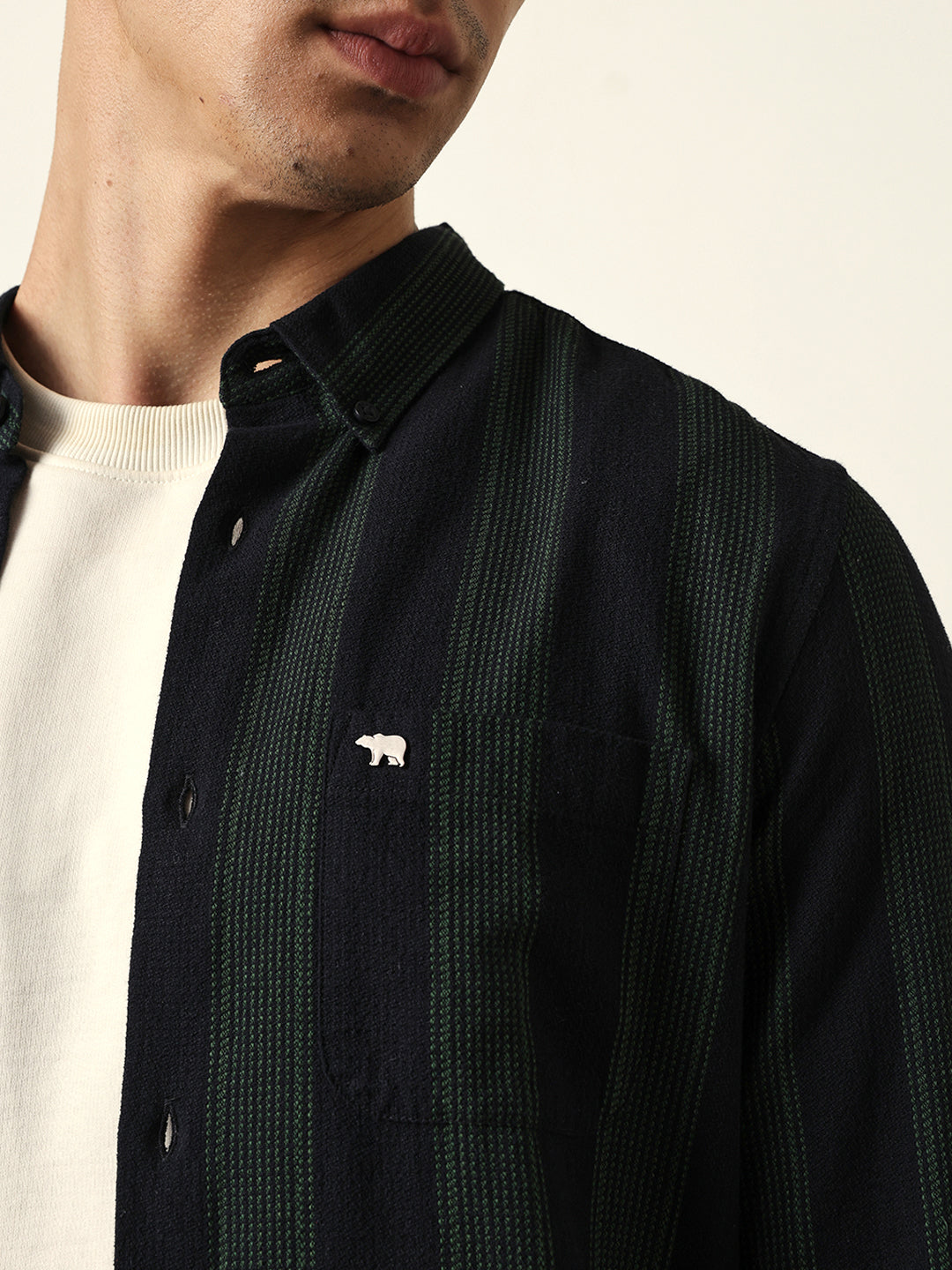 Black with Green Woven Vertical Stripes Slim Fit Casual Shirt