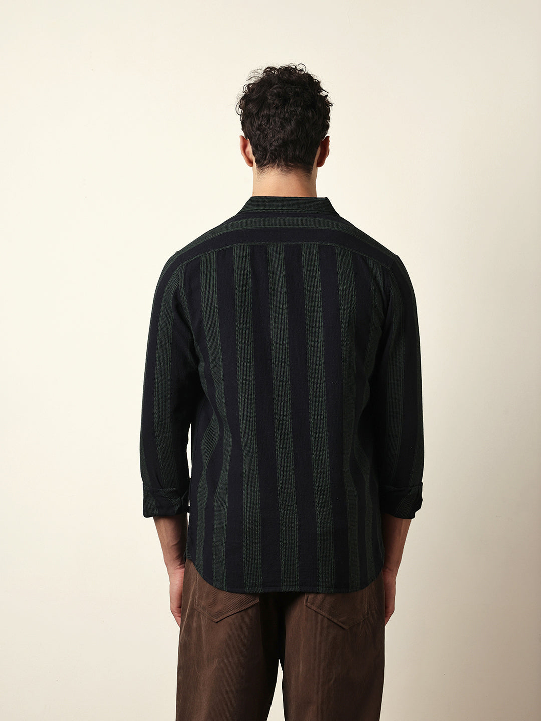 Black with Green Woven Vertical Stripes Slim Fit Casual Shirt