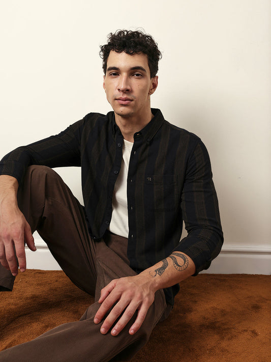 Black with Brown Woven Vertical Stripes Slim Fit Casual Shirt