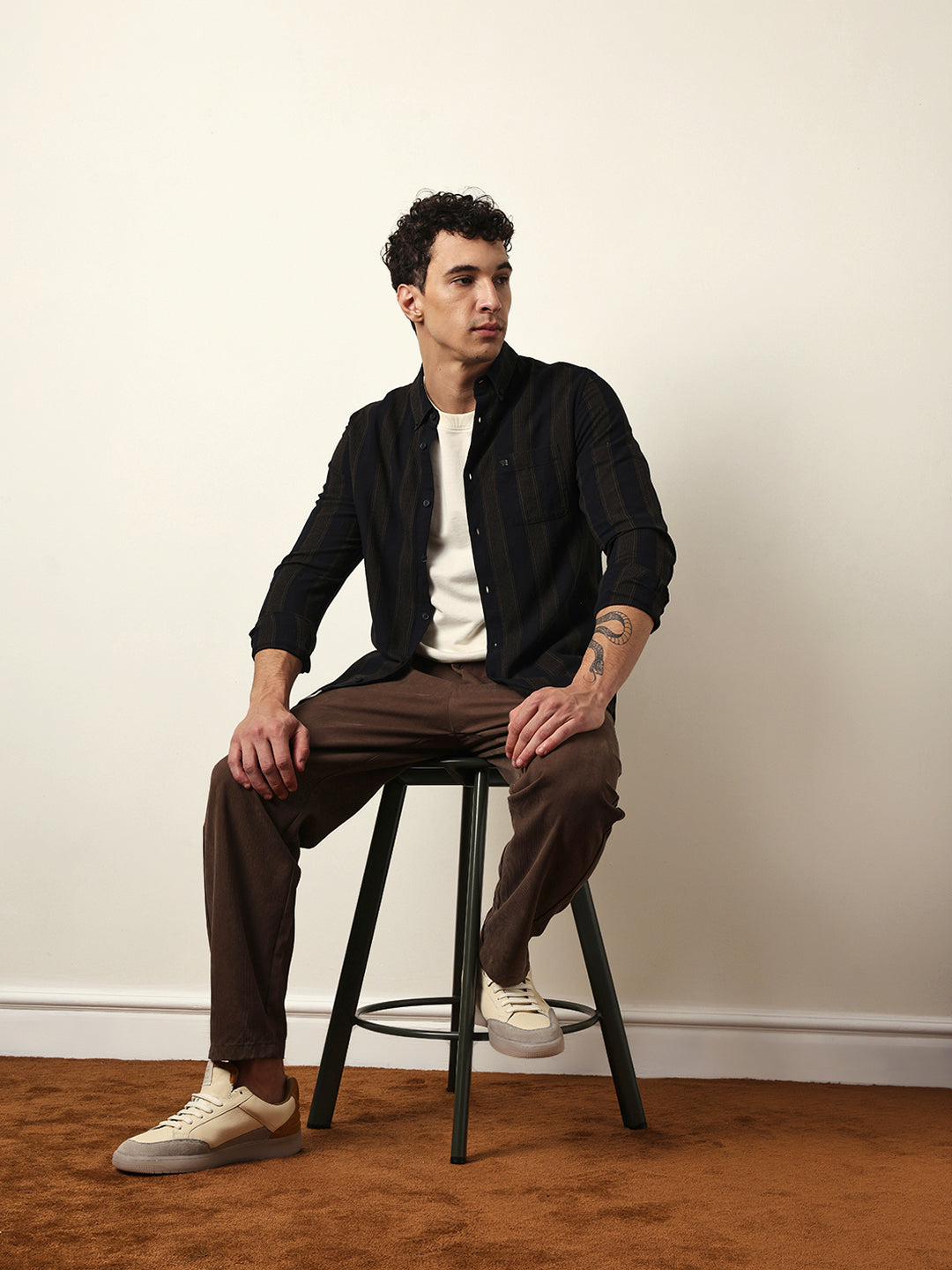 Black with Brown Woven Vertical Stripes Slim Fit Casual Shirt